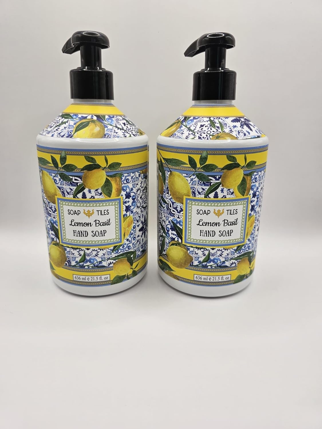 Generic Soap Tiles Lemon Basil Liquid Hand Soap, 21.5 oz Pump Bottle, Made in USA, Pack of 2, Yellow/blue/white