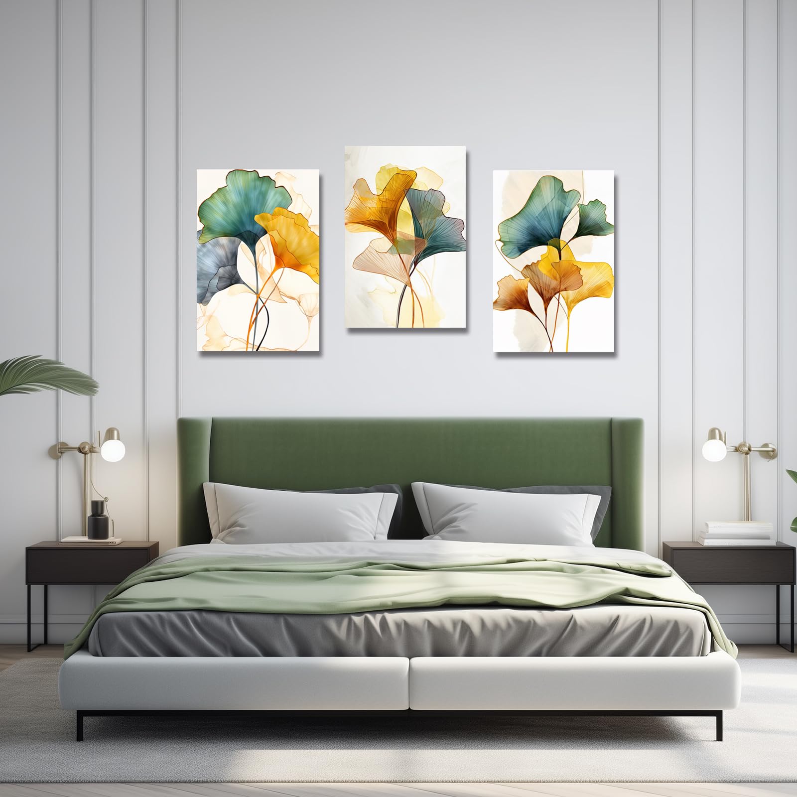 LZIMU Abstract Canvas Wall Art 3 Panels Green Yellow Gold Ginkgo Biloba Leaf Picture Prints Nordic Painting for Bedroom Home Decor Framed (Abstract-1 - Image 3