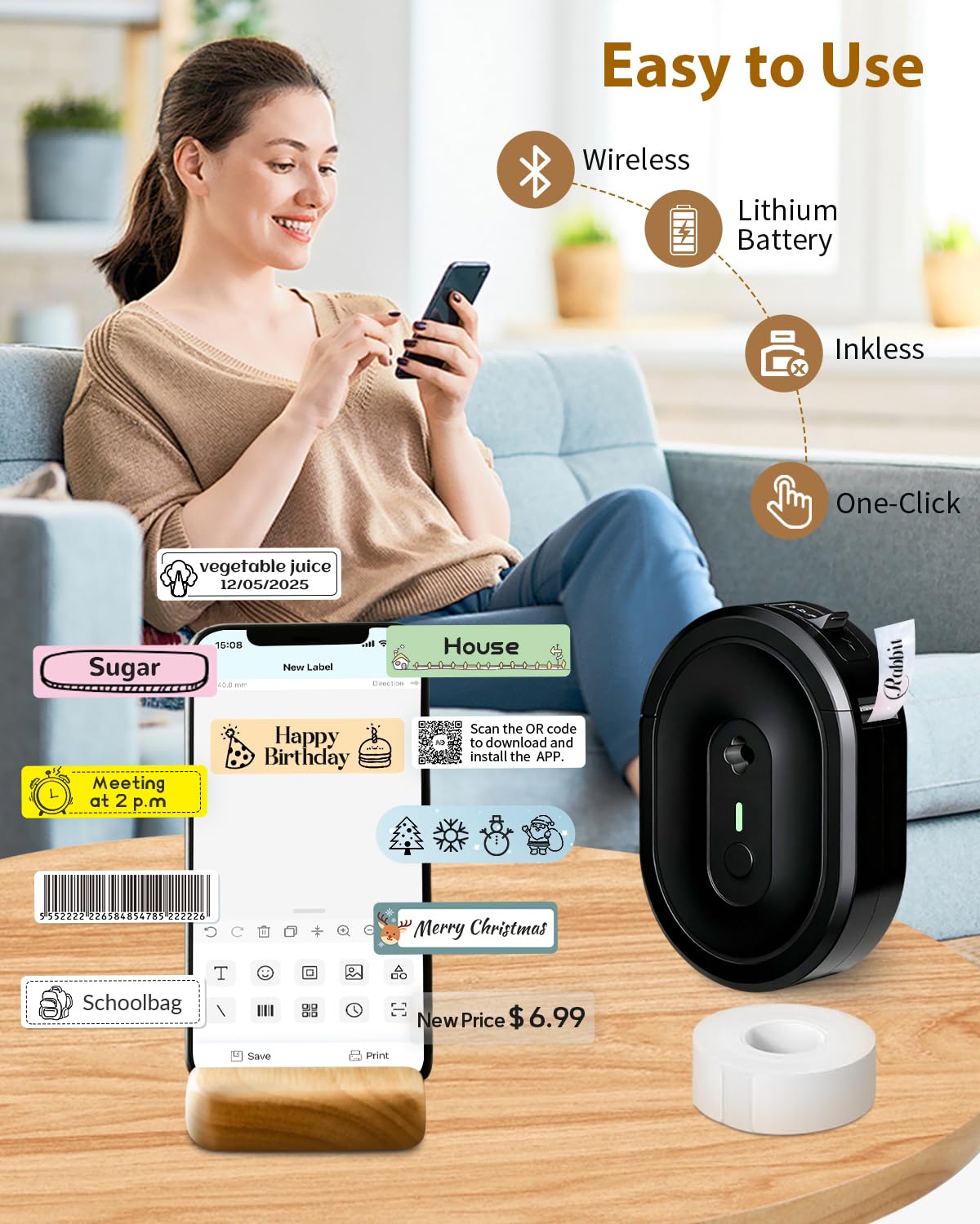 Etichettatrice con nastro, N12 Stampante per etichette Bluetooth portatile, mini etichettatrice wireless adesiva termica con più modelli per casa, cucina, scuola, organizzazione ufficio, nero
