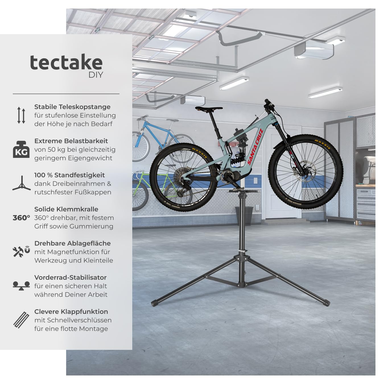 tectake® Fahrrad Montageständer, Belastbarkeit 50kg, Reparaturständer für e Bike, Rennrad, Bike Stand zur Fahrrad Reinigung, Pflege, klappbar, höhenverstellbar, drehbar, magnetische Werkzeugablage
