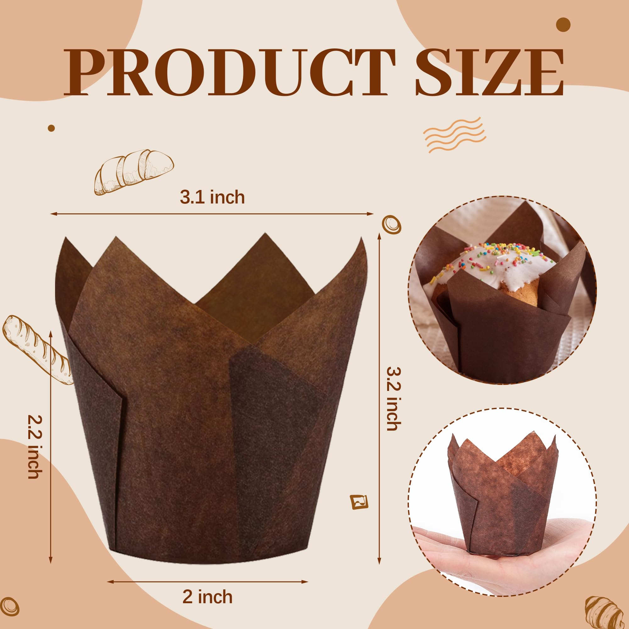 NPLUX 300 forros de tulipán marrón para magdalenas, para hornear magdalenas a prueba de grasa, tamaño estándar, perfecto para fiestas, vacaciones, cupcakes caseros y panadería