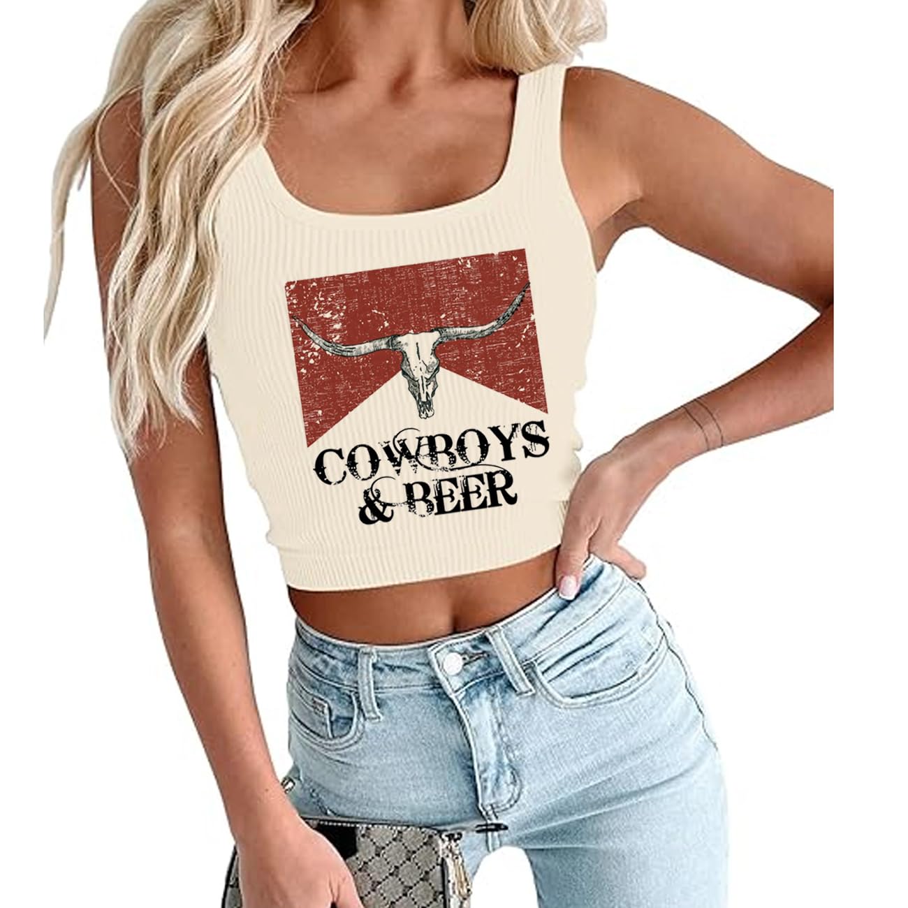 Country Music Tank Tops Women Cow Skull Vintage Crop Top Western Cowboy Concert Graphic Cami Shirt