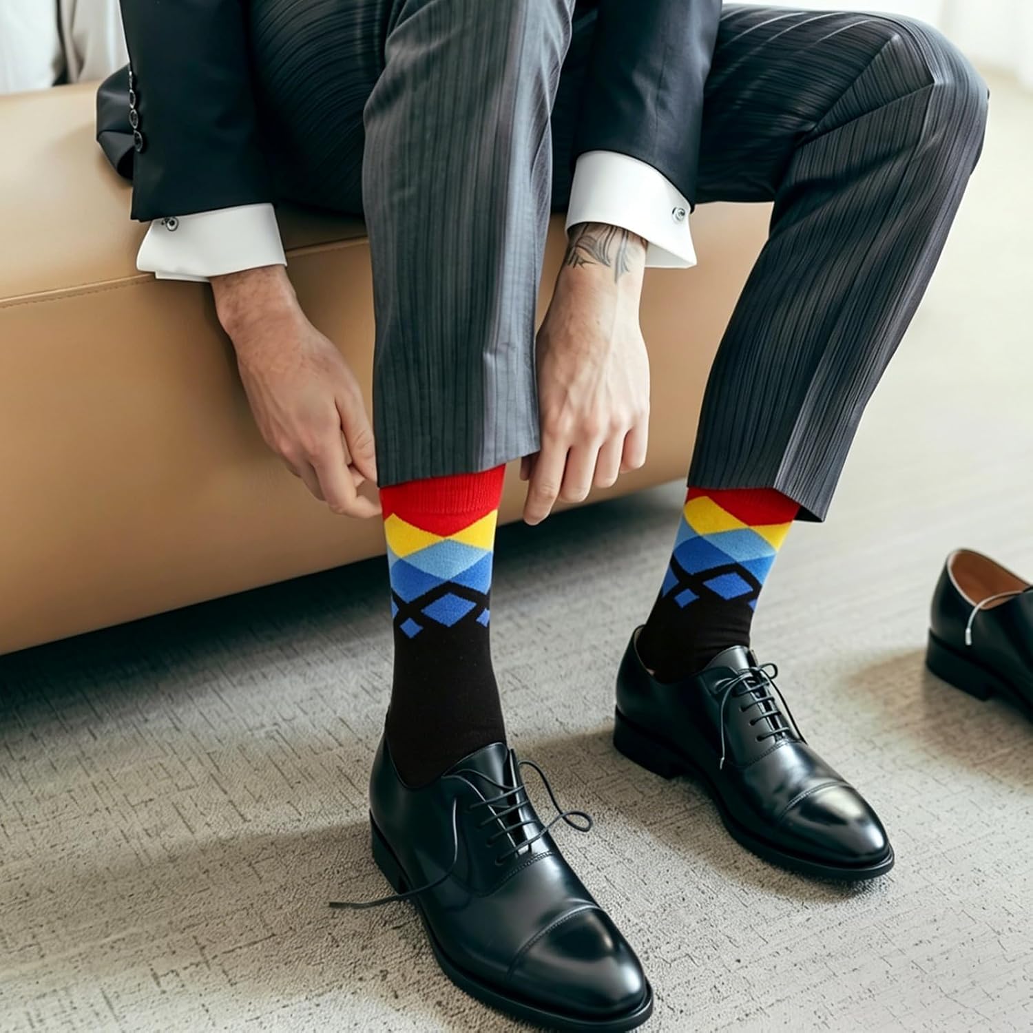 Mens Dress Socks, 6 Pairs Classic Dress Crew Socks Business Casual Cotton Sock Birthday Gift for Fathers Day