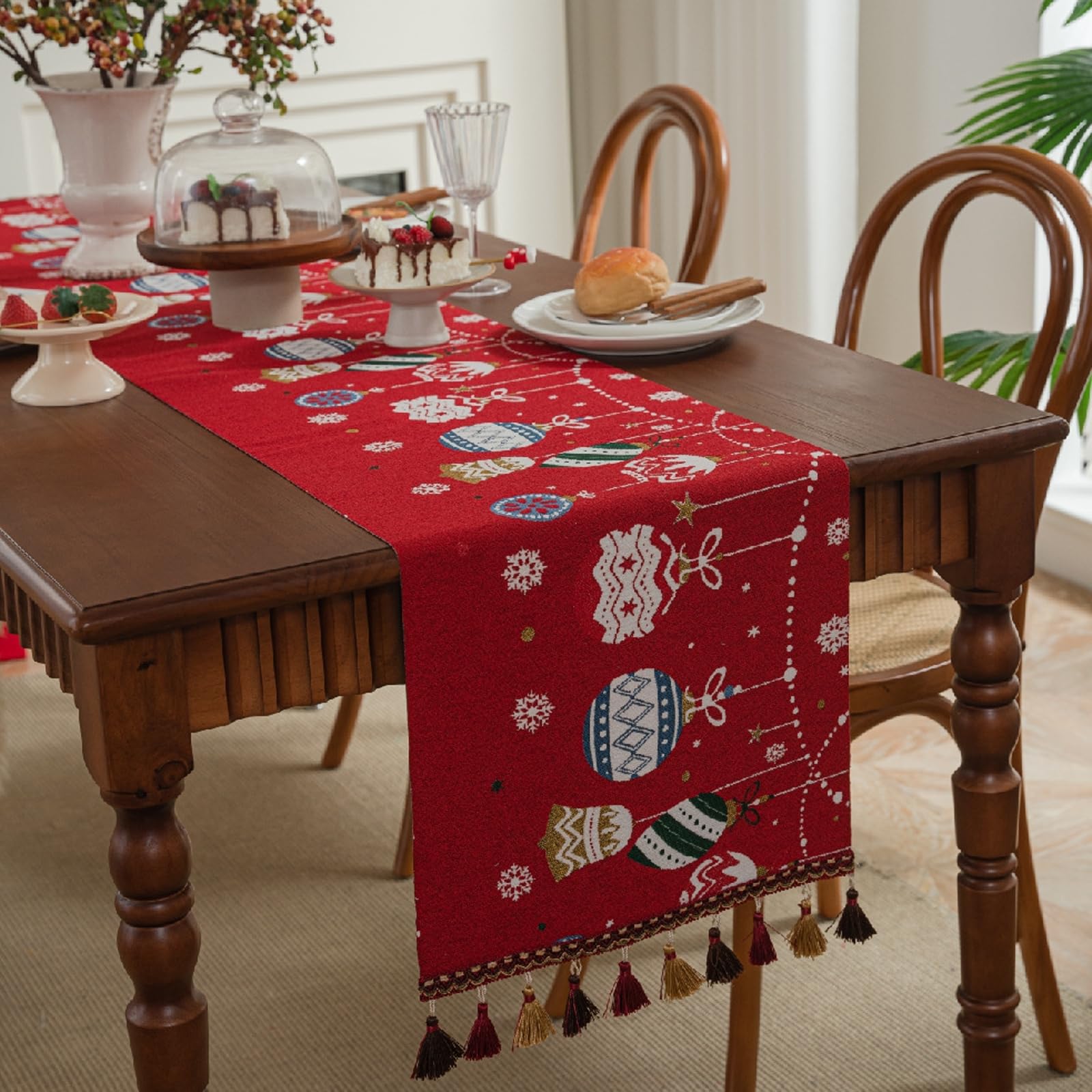 Tischläufer Landhausstil Polyester, Tischläufer Wohnzimmer 35x350 cm, Weihnachtsmuster mit Quasten