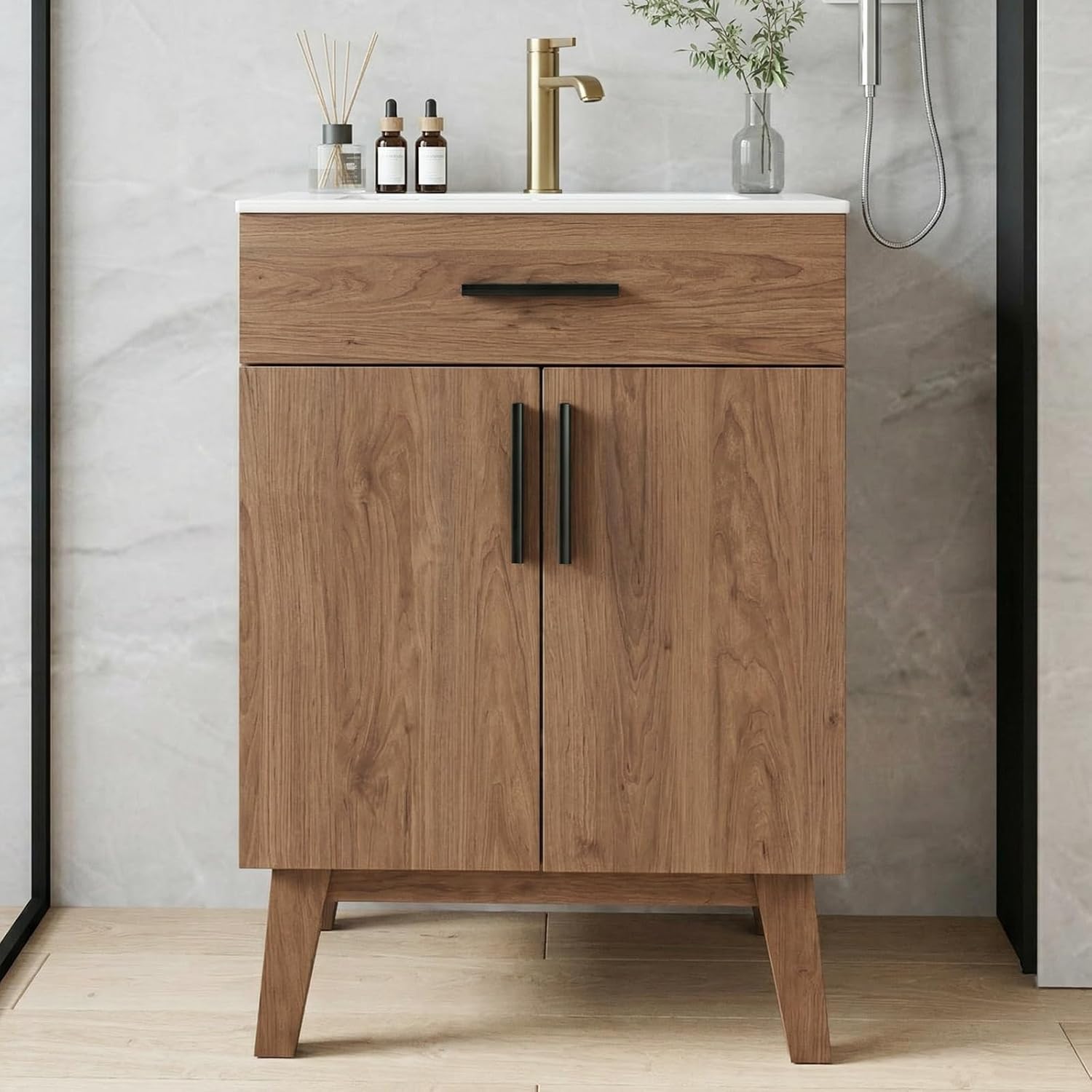 24" Bathroom Vanity with Sink, Vanity Combo with Two Soft Close Cabinet Doors, Modern Single Bathroom Cabinet Set with Metal Handles (Brown with Sink, 24)