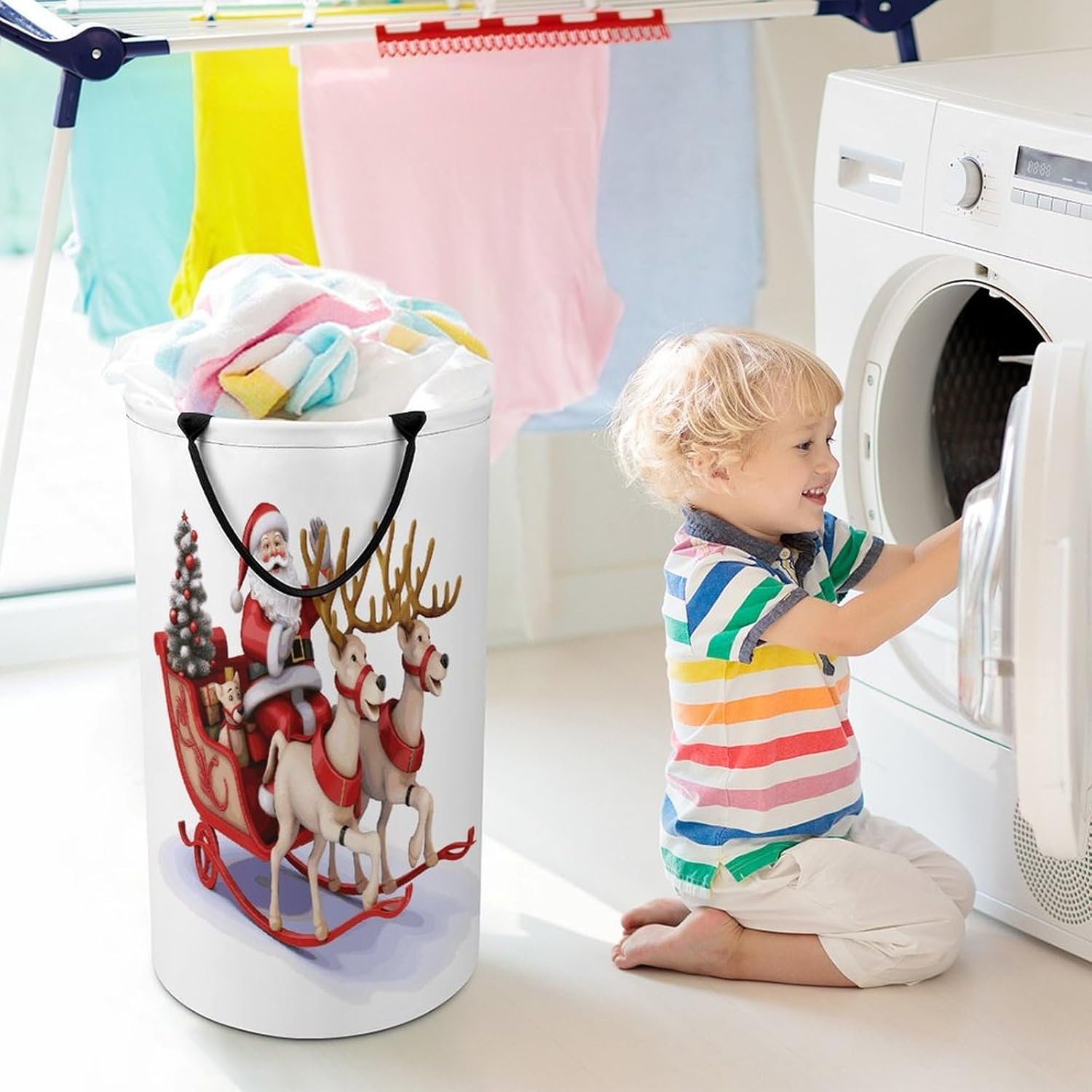 Santa Claus Reindeer Sled Laundry Hamper with Handles Freestanding Large Laundry Basket Collapsible Clothes Hamper Waterproof Clothes Basket for Family Bathroom Decor Storage 86L