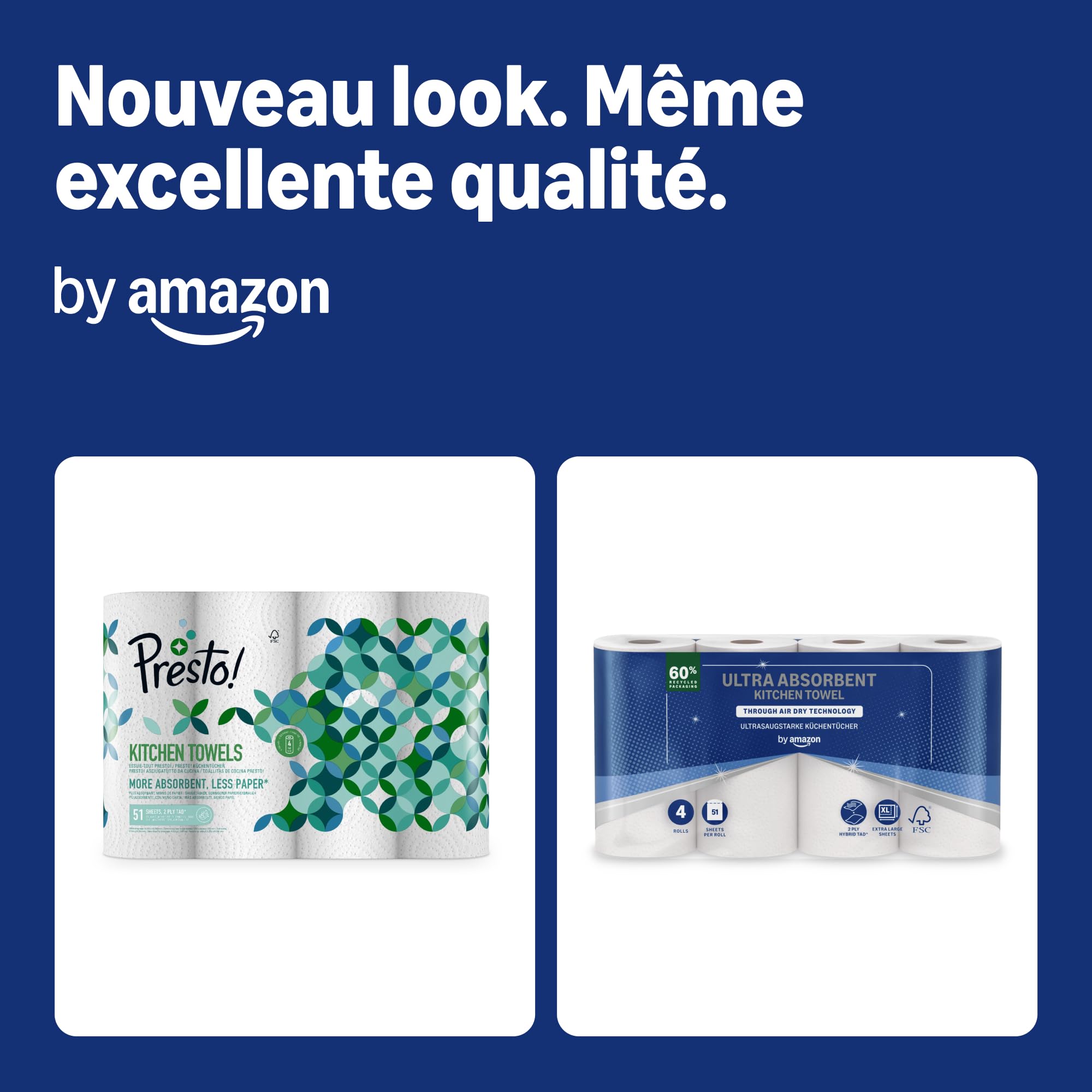 by Amazon Essuie-tout Ultra Absorbant à Séchage par Air Traversant, 32 Rouleaux (8 Paquets de 4), 51 Feuilles par Rouleau, Certifié FSC (Anciennement "Presto!")