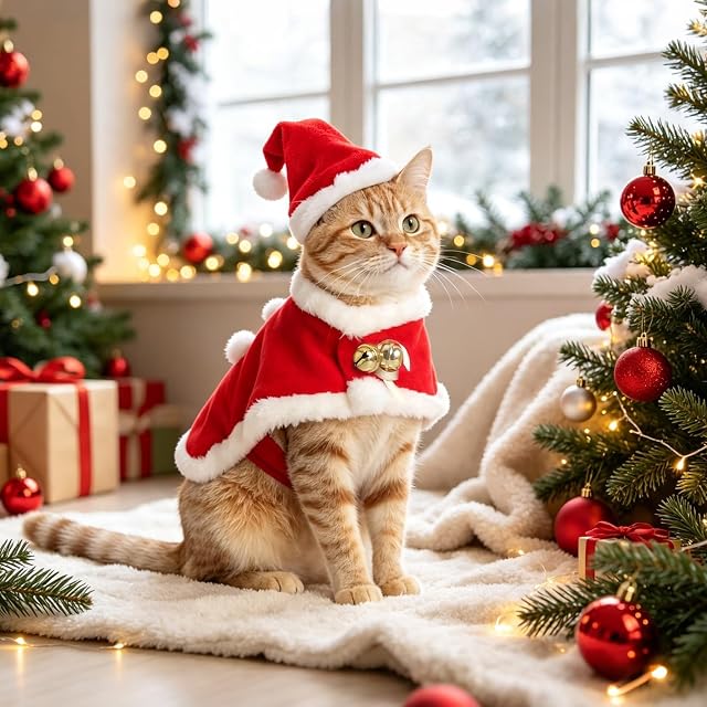 Foto 2 de 7 de Enjoying Gorro de Papá Noel y Capa roja para Gatos, Disfraz navideño de Gato, Rojo, Talla pequeña