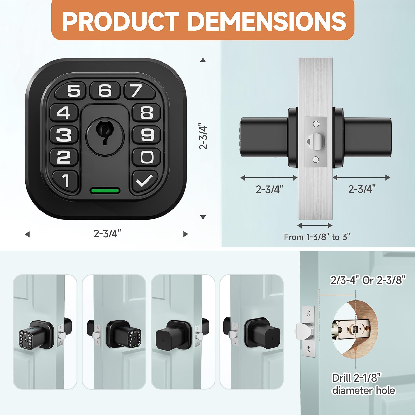 Richelock Keylees - Pomo cuadrado con teclado, cerradura de puerta de entrada con cilindro, bloqueo automático, impermeable y resistente a la intemperie, para exteriores e interiores, dormitorio,