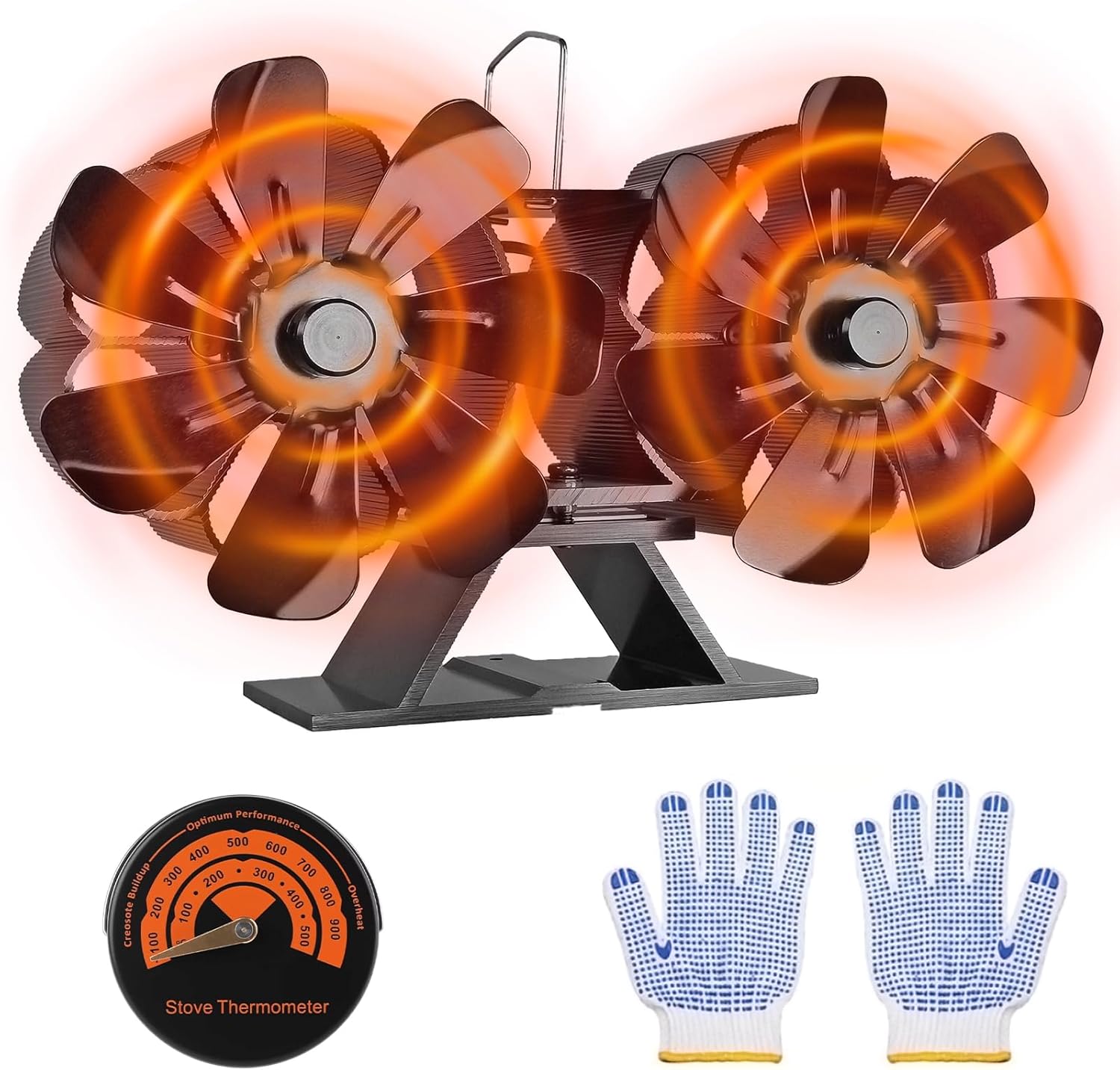 Ventilador de estufa de leña con motores duales alimentados por calor, ventiladores de estufa de 14 aspas, ventilador de chimenea con termómetro