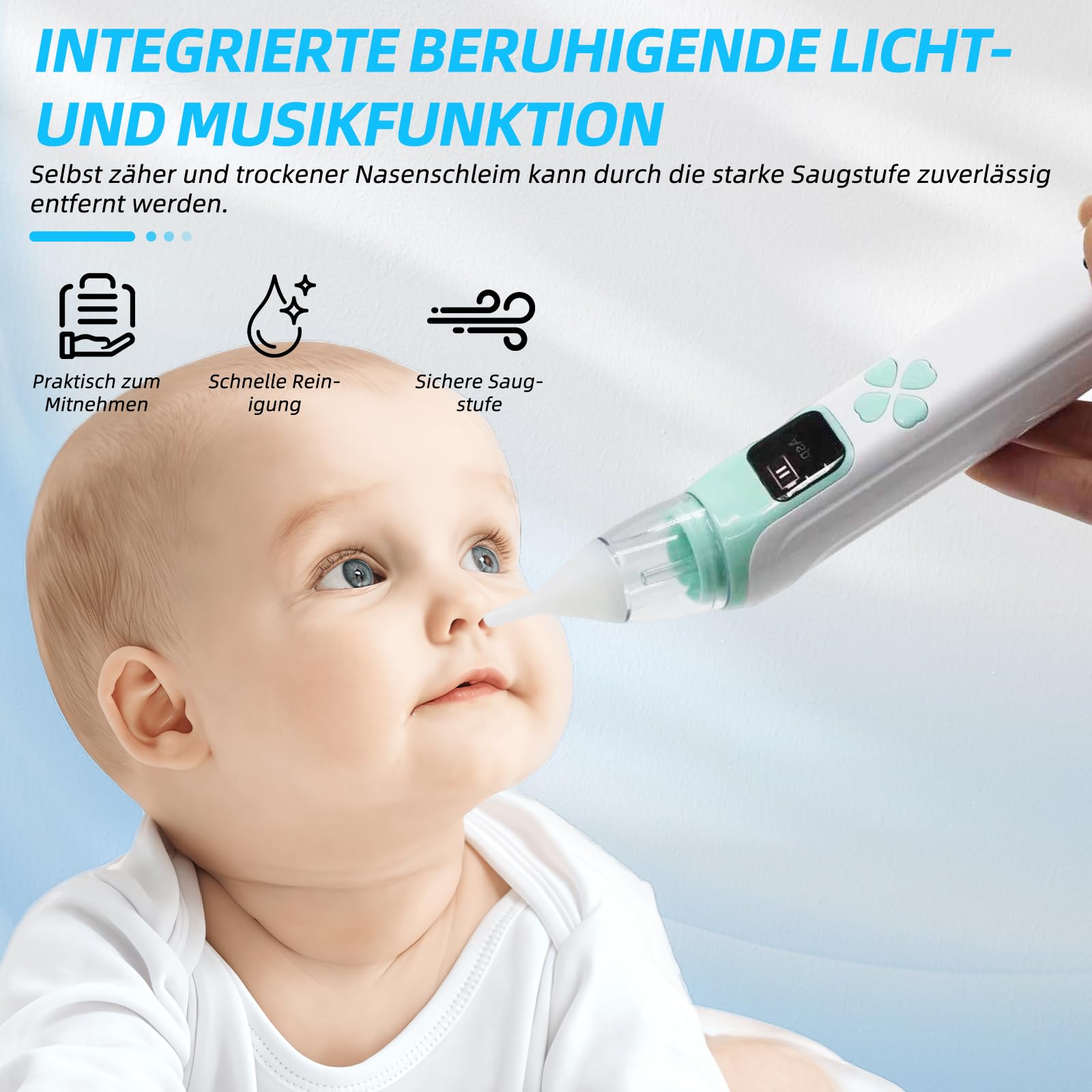 Baby-Nasensauger, 3-stufig einstellbare Saugleistung, 4 Silikonköpfe, Musik- und Lichtfunktion, geeignet für Neugeborene, Säuglinge und Kleinkinder