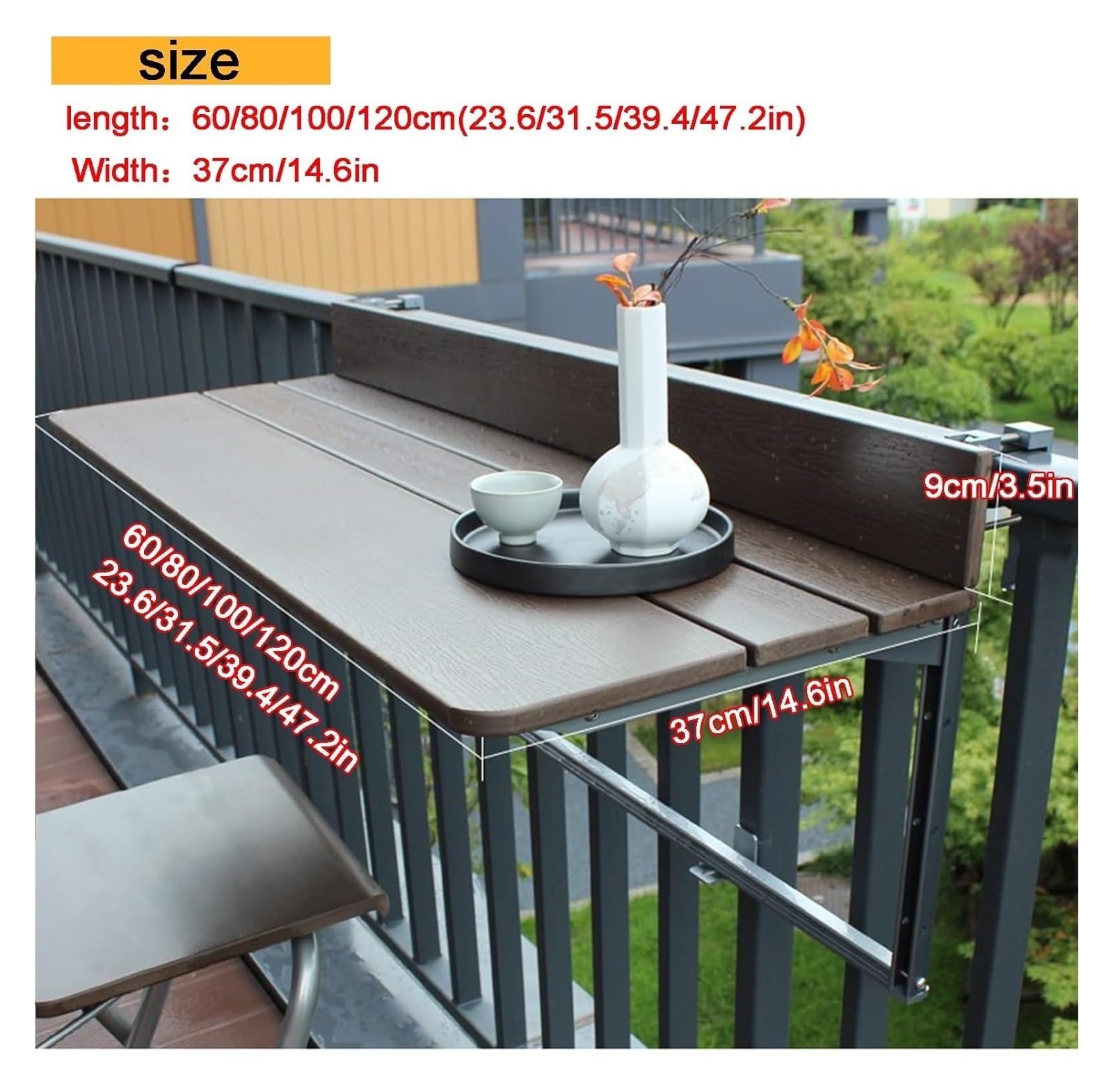 Mesa Varanda Dobrável Sundale 101cm - Ajustável Para Grades E Trilhos De Jardim