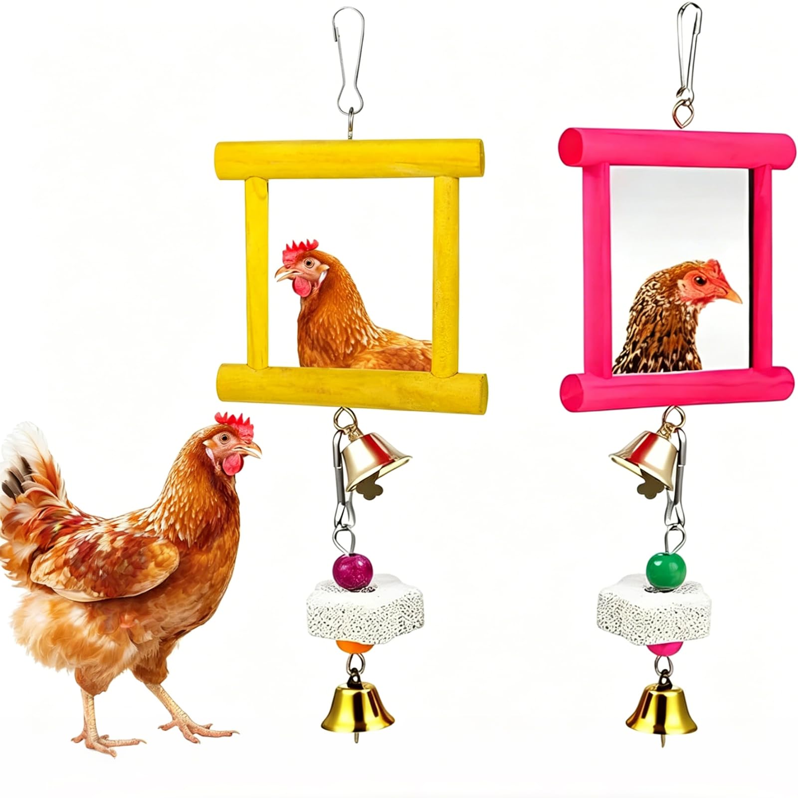 Moxychrony 2pcs Chicken Toys For Hens, Hanging Bell Parrot Chicken Swing Mirror + 2pcs Beak Grinding Stones, Chicken Coop Accessories For Entertainment,Ideal For Backyard Farms And Poultry Wellbeing