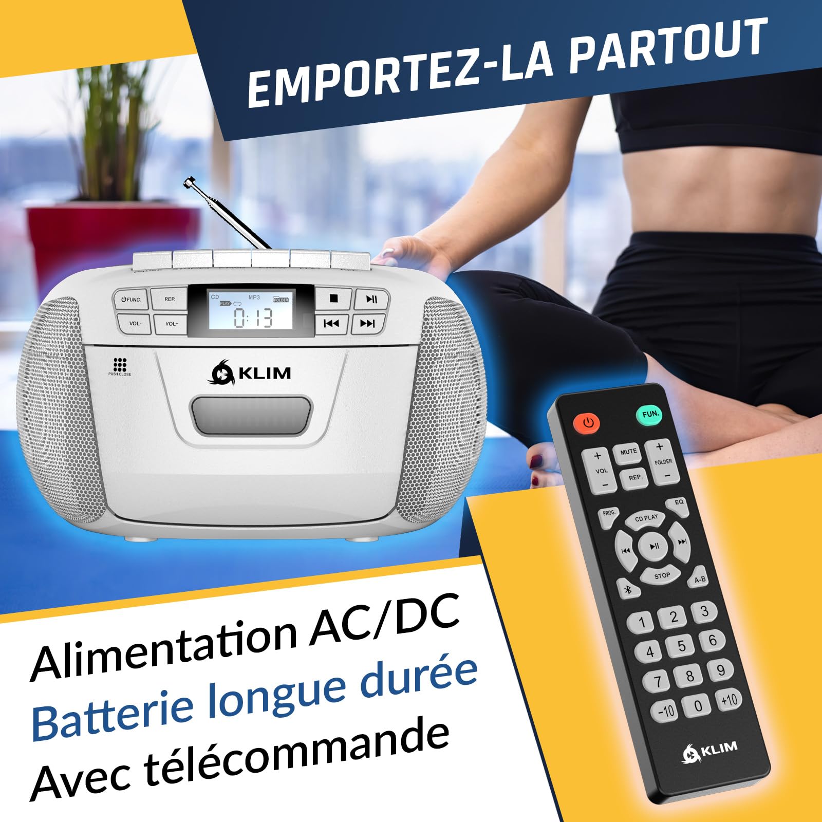 KLIM Lecteur CD Cassette Radio AM/FM Bluetooth Stéréo USB AUX Blanc