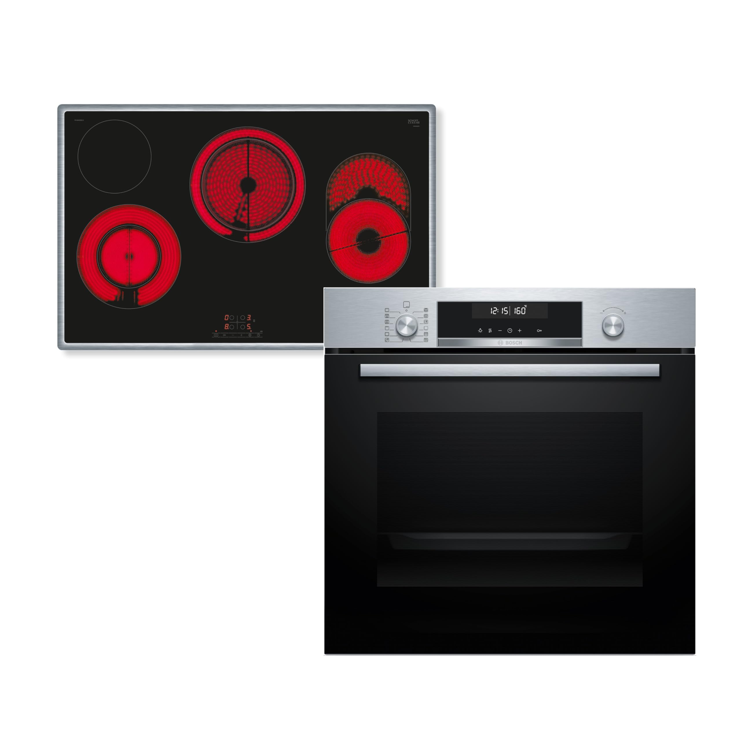 Bosch HBD672LS83 Einbau-Backofen-Set bestehend aus Einbau-Backofen 60 cm HBG578BS3 Serie 6 & Elektro-Kochfeld 80 cm PKH845BB1D Serie 4, 71 l, Pyrolyse, Air Fry, Touch Select, Bräterzone, Edelstahl