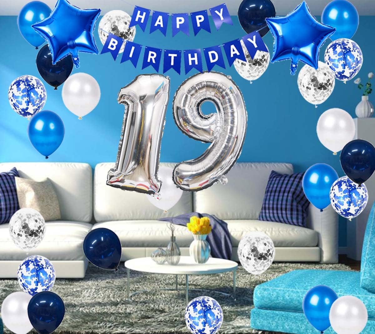 19th Birthday Party Decoration for Boys Happy Birthday Banner Blue Number 19 Birthday Balloons 19th Birthday Latex Confetti Balloon for Boys Him Son 19 Years Old Party Decoration Supplies(19th) - Image 4