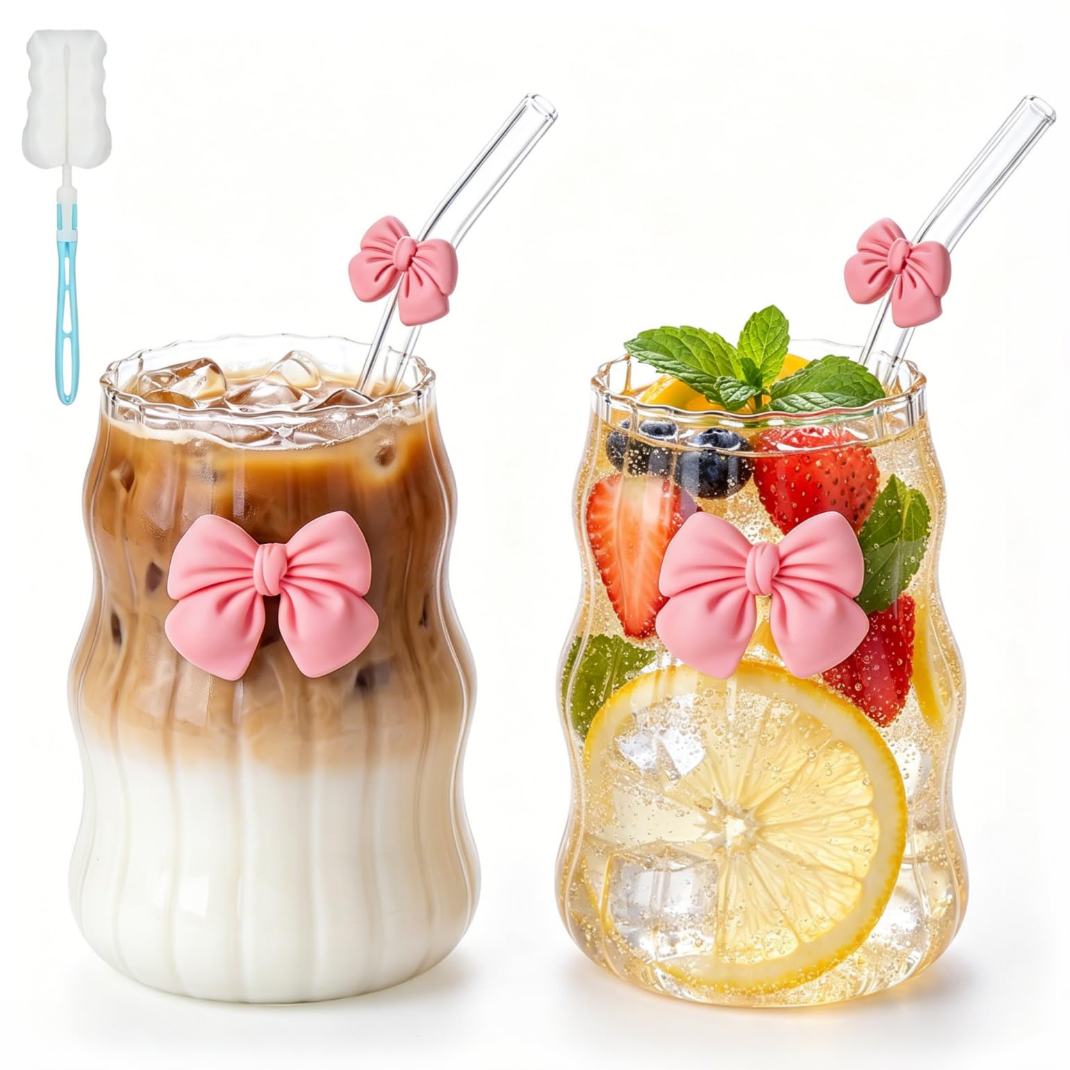 2Pcs 530ML Glass Mugs with Straws - Clear Iced Coffee Cup Matcha Ribbed Wavy Glass Cups Matcha Bow Glasses with Straws Brush for Ice Coffee Juice Drink Milk Tea Cocktail Wedding Birthday Gift — image 1