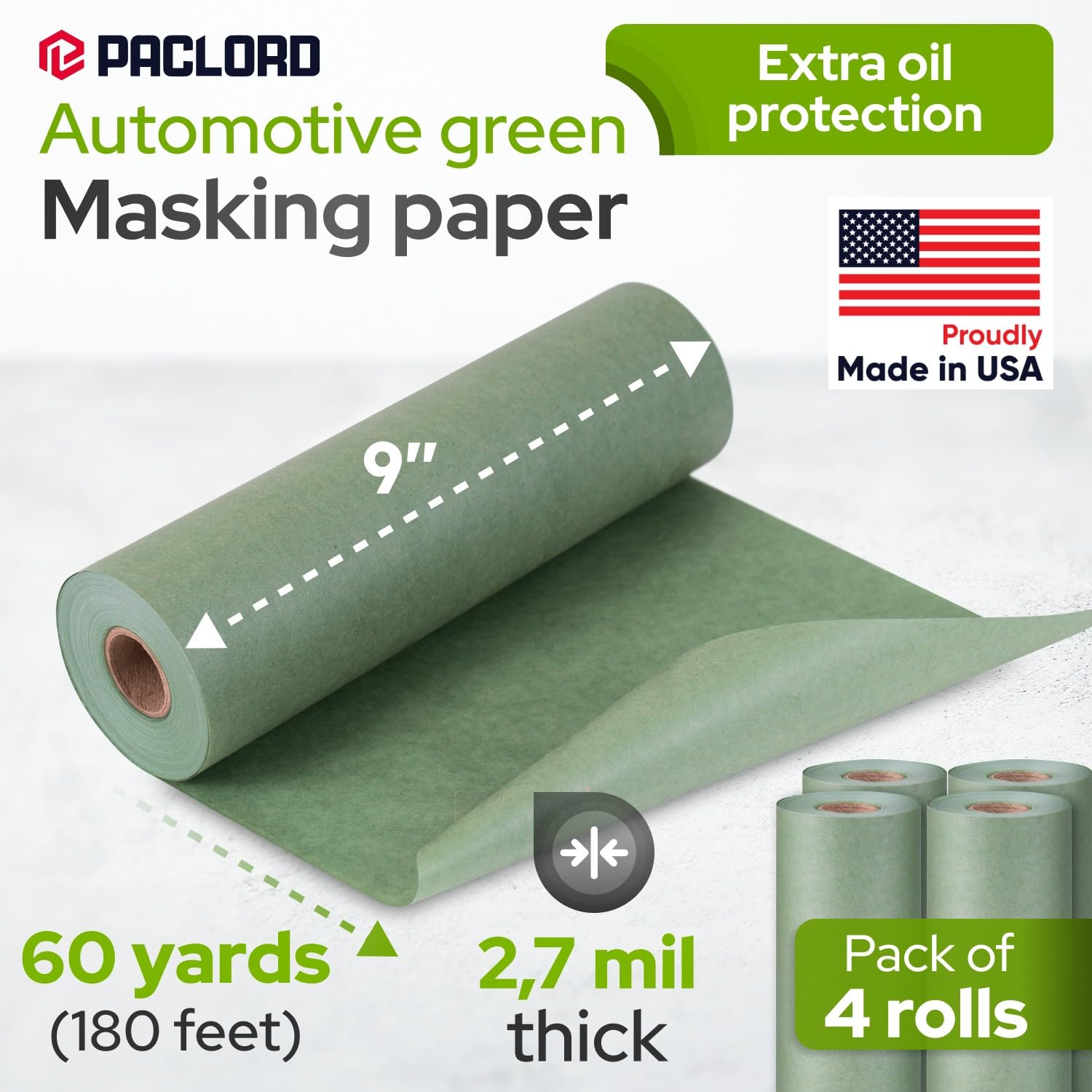 9" x 60 Yards (180 feet) Green Masking Paper with Extra Oil Protection for Automotive Painting Industries (Pack of 4) - Made in USA Masking Paper for Painting Cars, Protection from Splatter