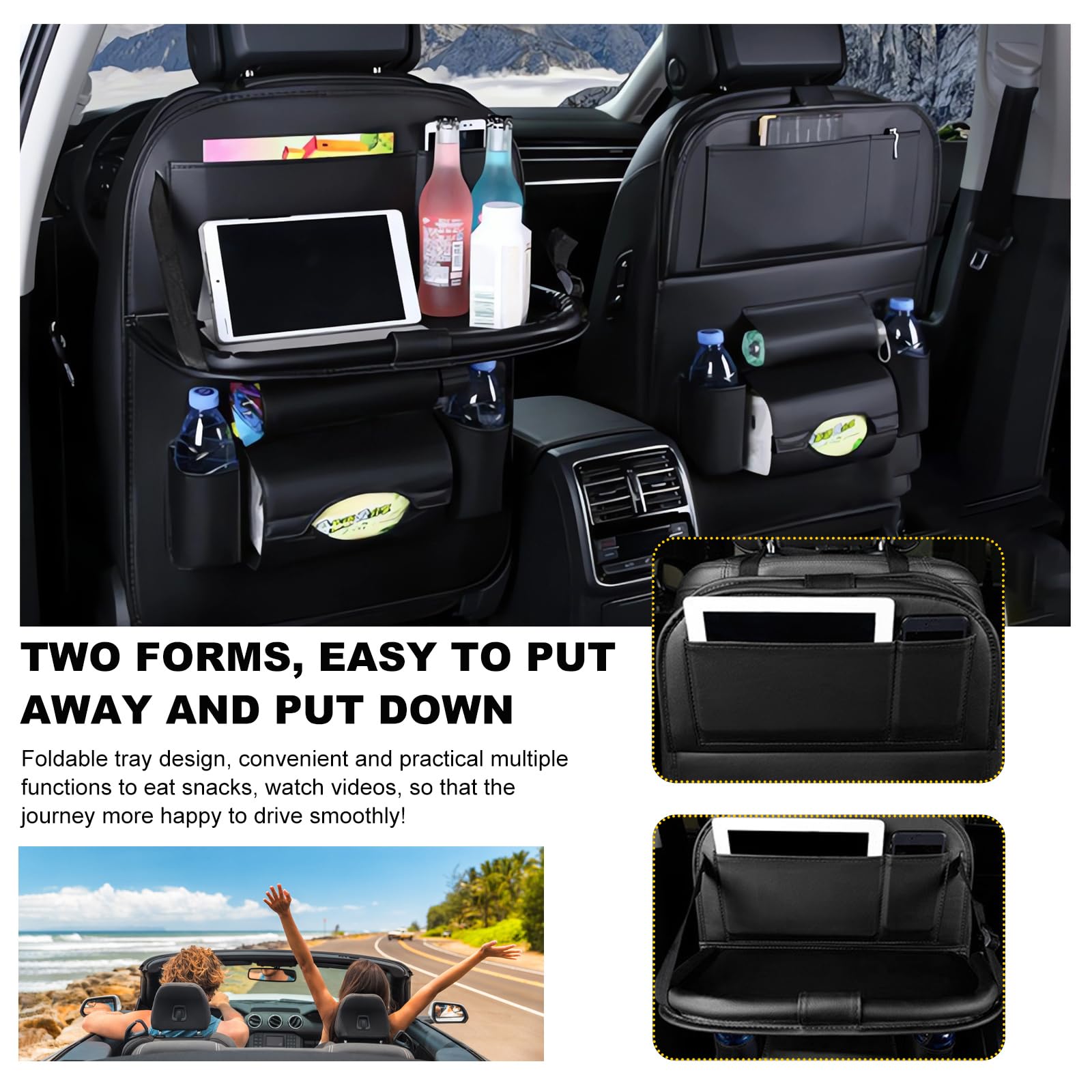 povtii Lot de 2 poches arrière de siège de voiture en cuir imperméable pour enfants, organiseur de voiture amélioré avec poches porte-tablette, accessoires d'intérieur de voiture universels (noir)