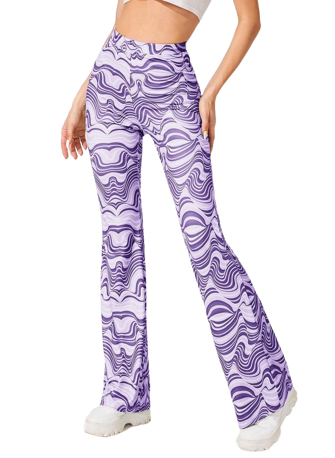 EVELUST Festival Flare Hosen Für Damen - 70er Jahre Outfit Hippie Kleidung Flower High Waist Breite Bein Flair Leggings Rave Disco Kostüm Palazzo Schlaghose Sommer Bell Bottom
