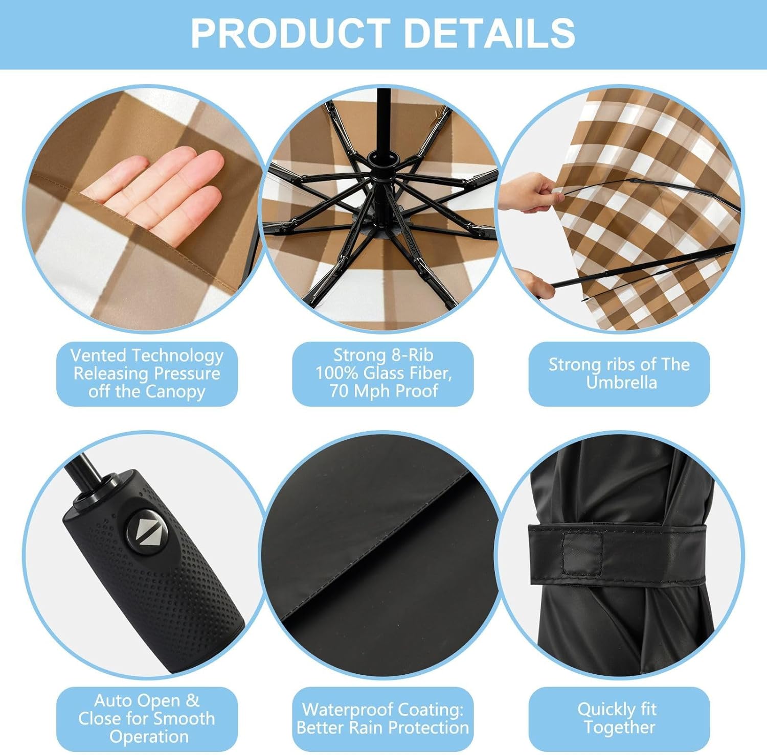 Strong Windproof Travel Umbrella Mini Folding Coffee Brown Bronze Gingham Umbrellas with Fiberglass Frame for Rain and Sun UPF 50+ Automatic Open Close paraguas para