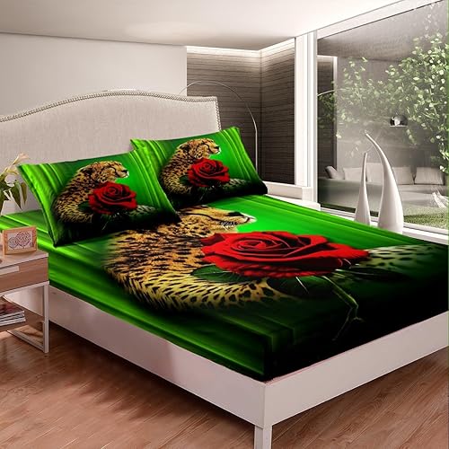 Miniatura 2 de Sábanas de cama con diseño de rosas de guepardo, tamaño individual, estampado de leopardo, flores, juego de ropa de cama para niños, adolescentes,