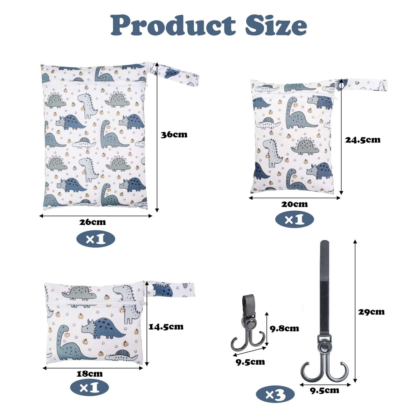 VEGCOO 3 Pcs Dinosaur Pattern Nappy Bags, Waterproof Wet Dry Bag Reusable Washable Cloth Diaper Swim Nappy - Image 2
