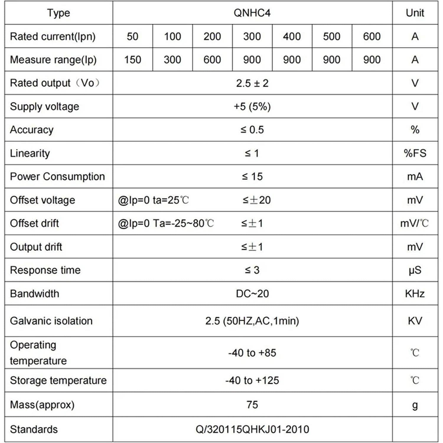 Hall Effect Current Sensor QNHC4 Vout 2.5V±2V Input ±50A ±75A ±100A ±200A ±300A 400A Transducer 1Pcs(600A 2.5V 2V)