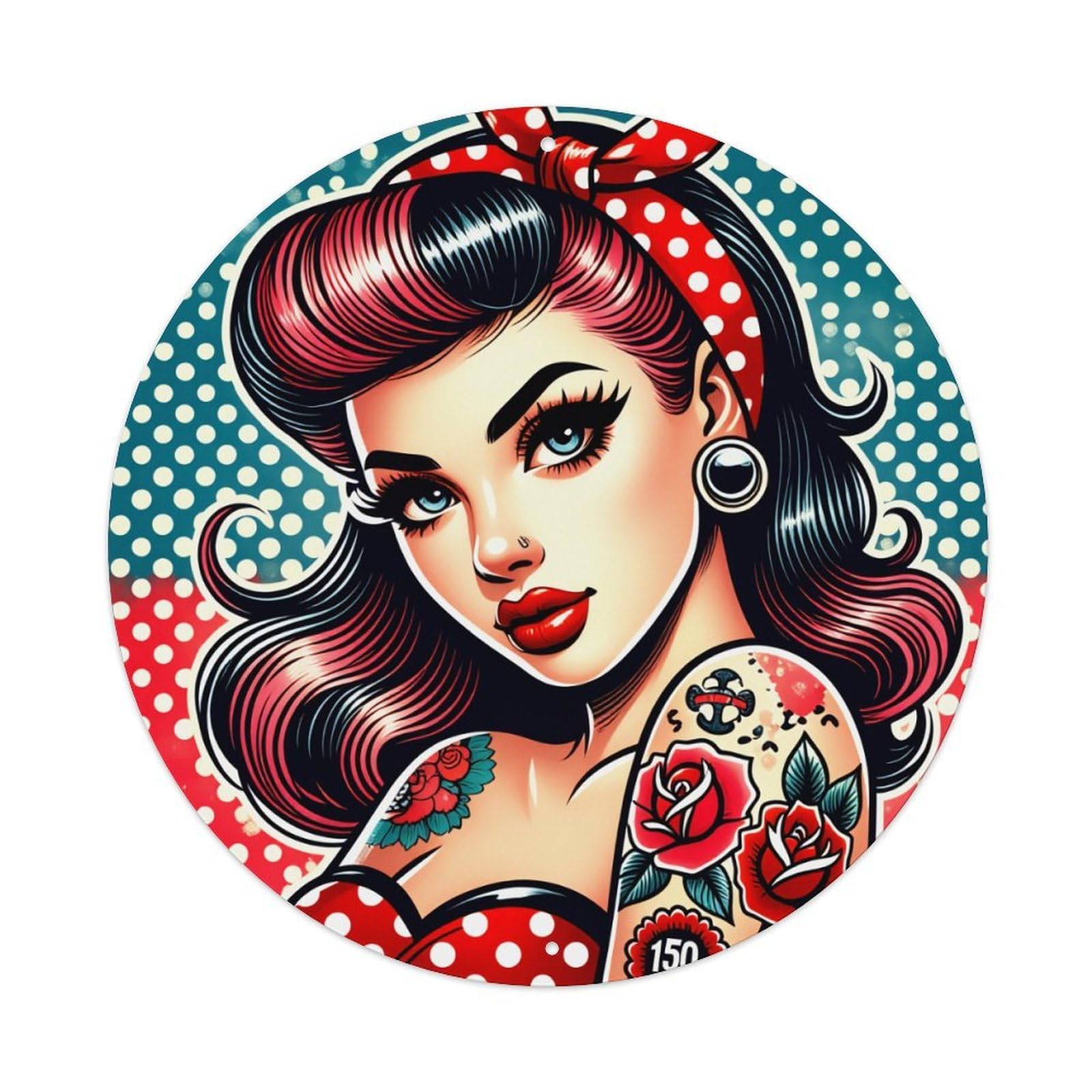 Polka Dot Tattoo Rose Pinup Style Round Tin Sign Retro Metal Sign for Cafe Bar Pub Home Game Room Gym Club Wall Decoration Vintage Metal Poster 8x8 Inch
