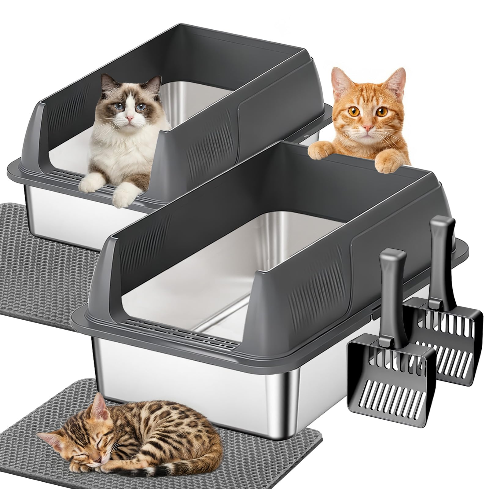 Gimars 2 Pack XL Stainless Steel Cat Litter Box for Big & Senior Cats, Multi-Cat Metal Litter Pan with High Sides, Odor-Resistant & Easy Clean, Includes Litter Scoop, Litter Mat & Anti-Slip Pads