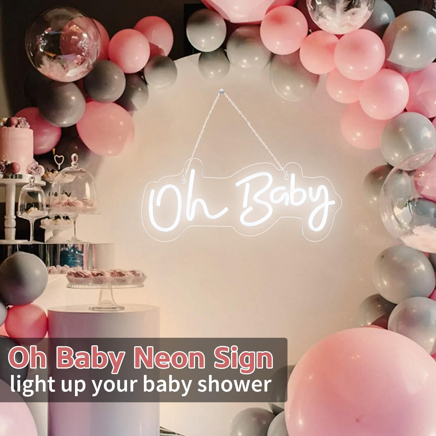 Oh Baby Neon Sign for Backdrop, Baby Shower LED Neon Lights for Wall Decor Dimmable Led Light up Sign for Gender Reveal Birthday Party Decorations - White