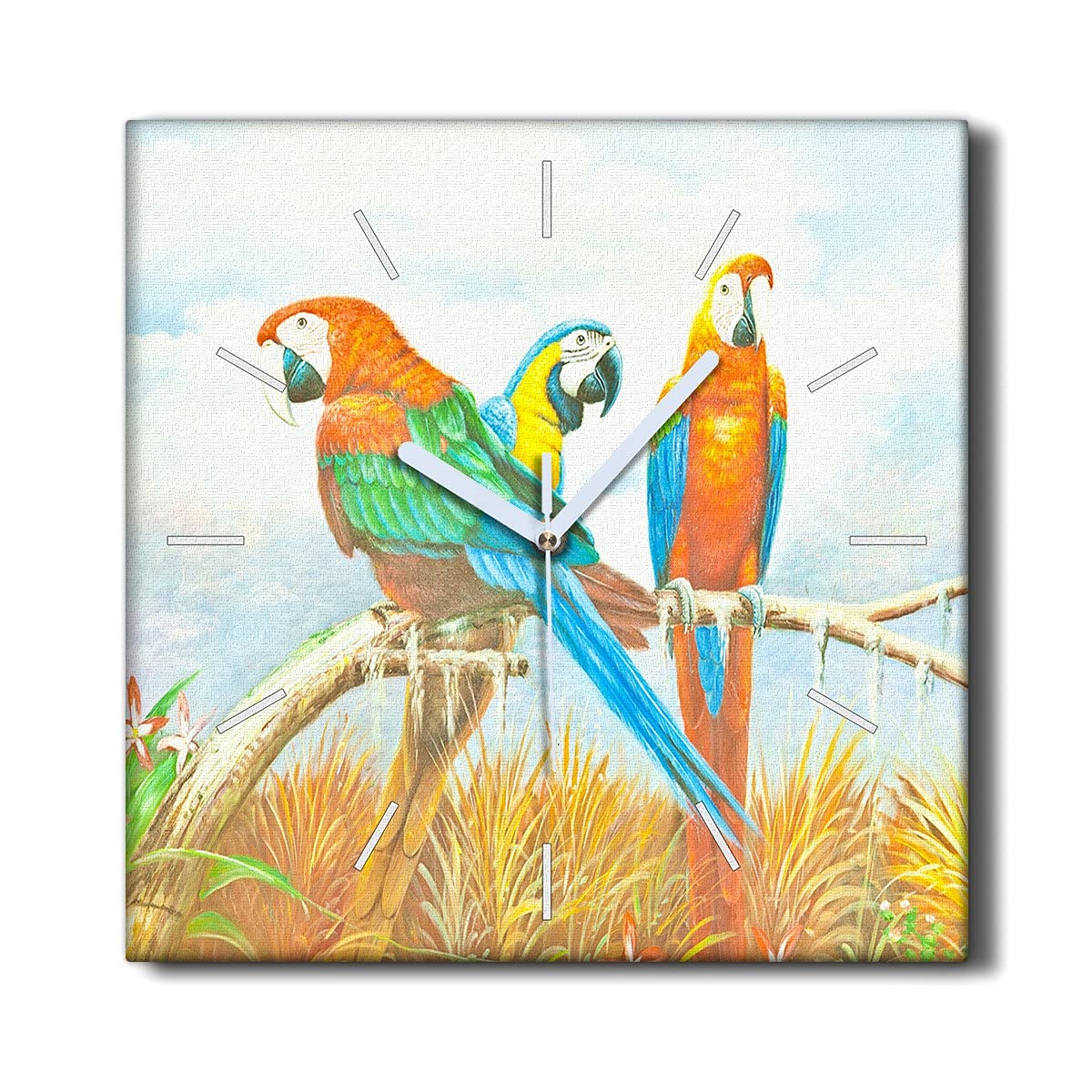 Horloge sur Toile sans tic-tac 30x30cm Horloge Murale Décoration Salon Oiseaux Perroquet