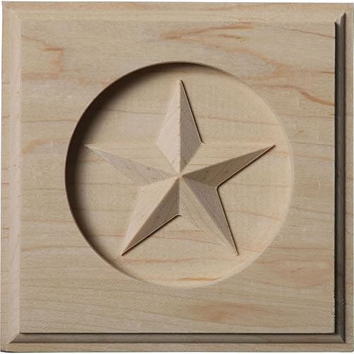 Ekena Millwork ROS04X04AURW Austin Star Rosette 4 14 pulgadas de ancho x 4 14 pulgadas de alto x 34 pulgadas de largo madera de caucho