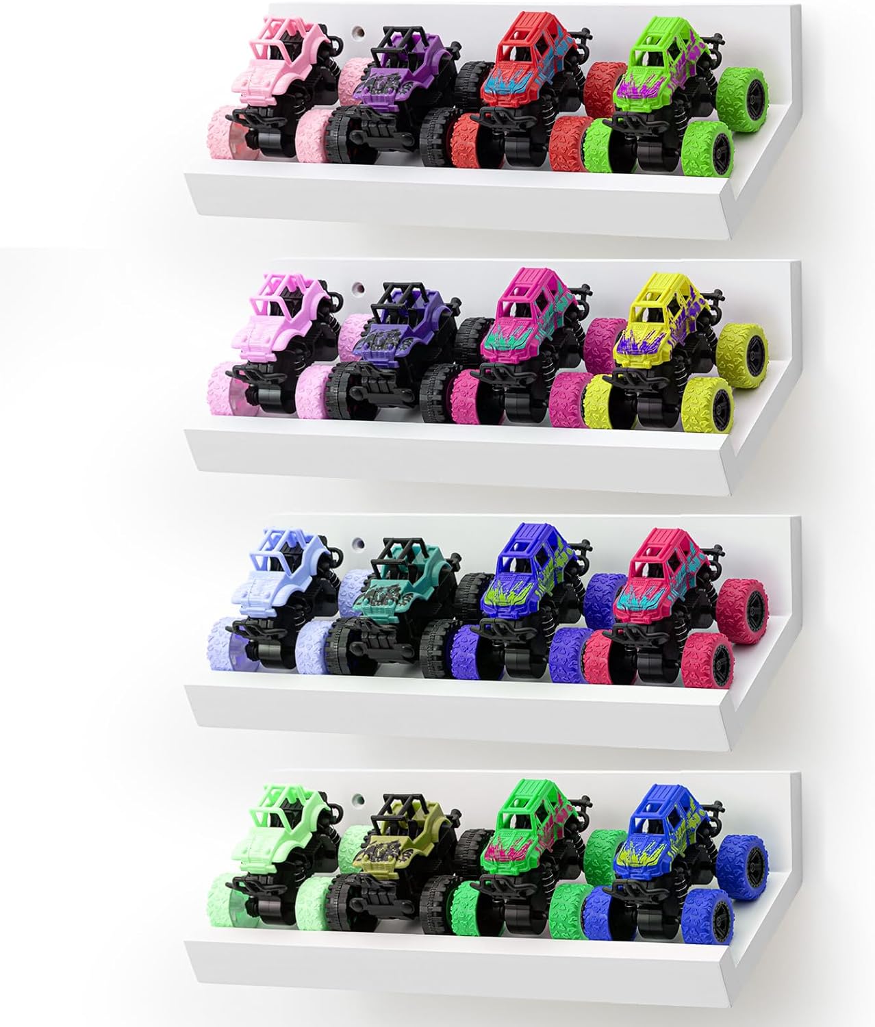 Chunful 4 Pcs Wooden Monster Trucks Display Shelves 1: 64 Scale Model Storage Case with Tilted Design Wooden Die Cast Holder for 20 Monster Trucks