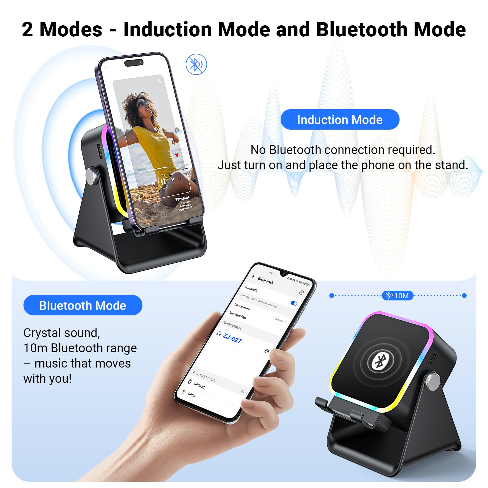 AIKELA Induction Speaker with Phone Stand 5 in 1 Wireless Induction Bluetooth Audio for iPhone Android Phone Speakers Amplifier with Rechargeable Colorful Light, Birthday Gifts for Men Women Teens (Black) in use