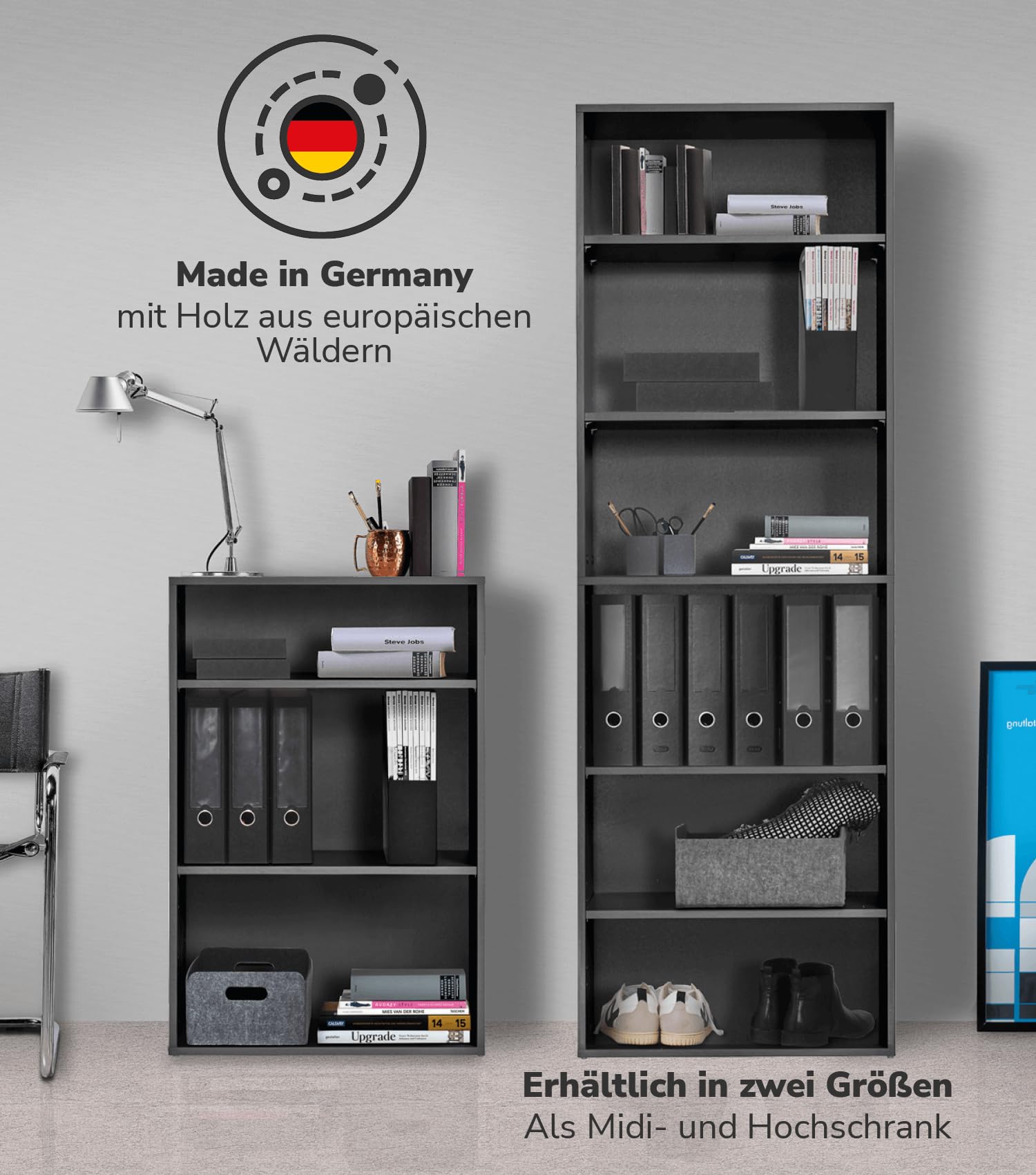 mokebo® Bücherregal Schwarz, Grau BZW. Anthrazit aus Holz 'Der Bücherwurm', Schuhregal, Holzregal, Aktenregal, Standregal fürs Wohnzimmer, Büro, Kinderzimmer, Regal groß für die Wand, 60cm Breite