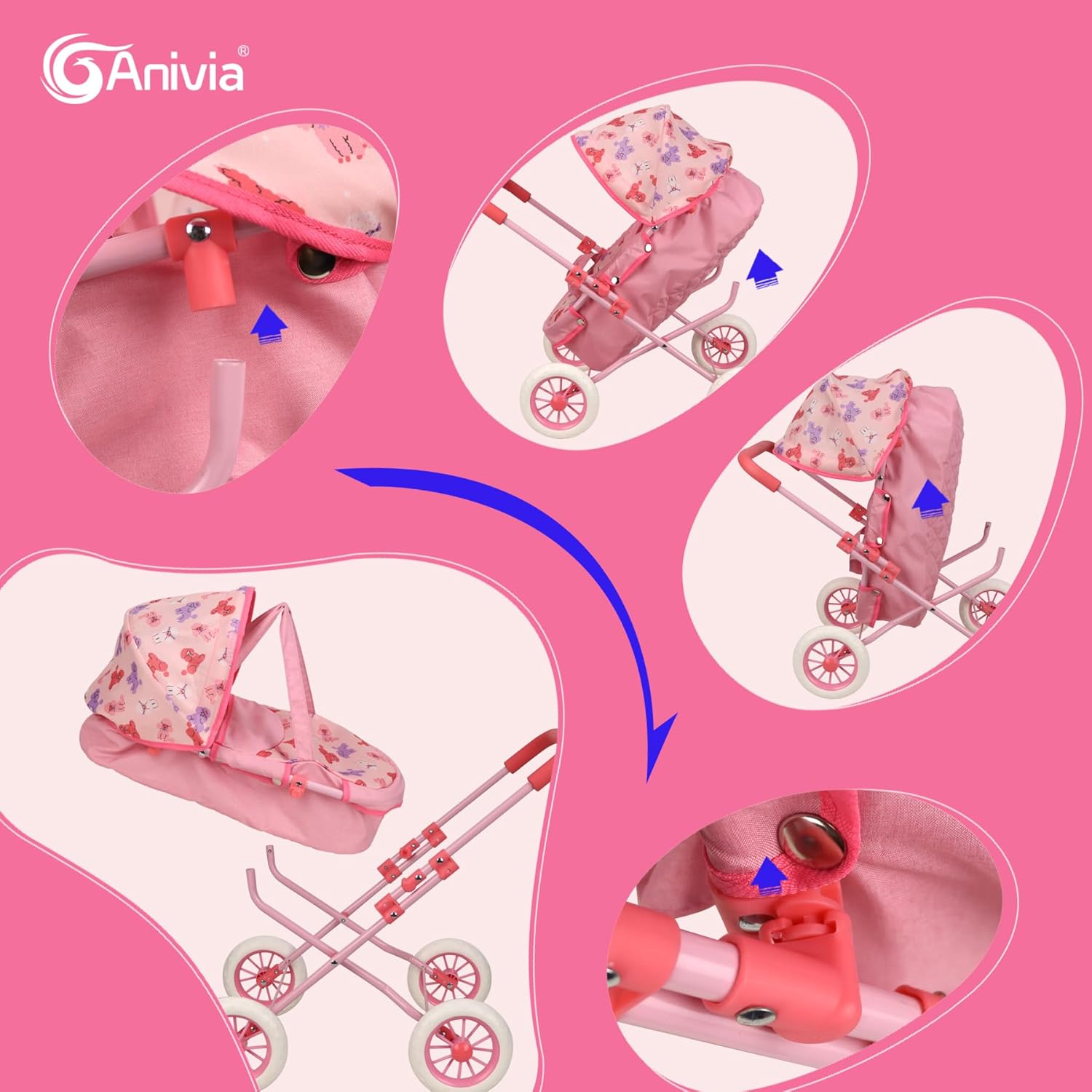 ANIVIA Baby Doll Stroller Toy Carriage for Kids Doll Pushchair, 2 in 1 Stroller Dolls Pushchair Pram Toys Gift for Kids, Suitable Dolls Up to 18 inch