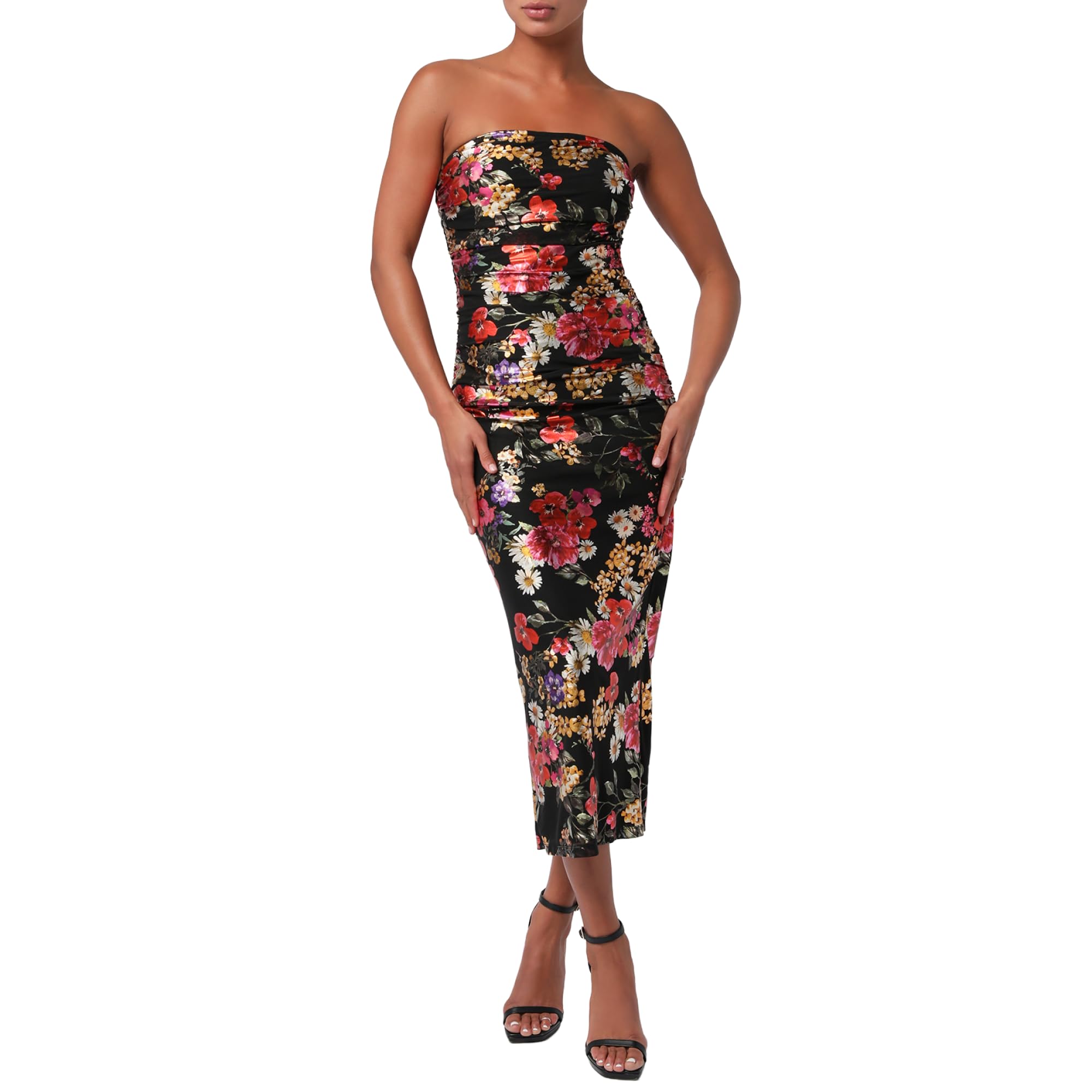 Amazon.com: Lulus Pixie Metallic Floral Mesh Midi Dress for Women Strapless Black  Cocktail Dress with Ruched Bodycon Fit, Elegant Floral Print, and Back Slit  for Evening & Party Wear