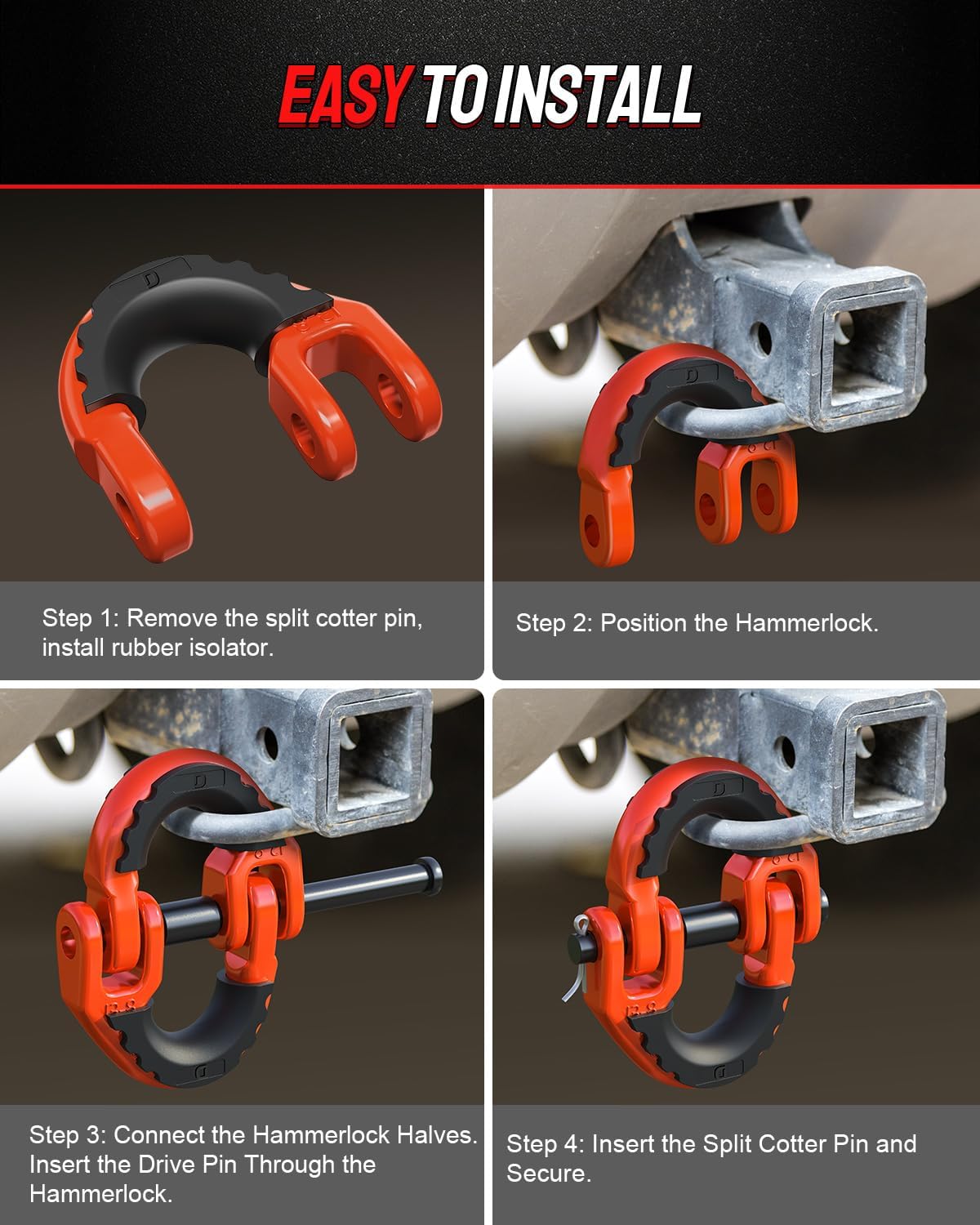 DAYDOOR 1/2" Trailer Safety Chain Hooks,G80 Safety Chain Shackle,12000 lbs Loading Tow Chain Connector, Tow Hitch Hammerlock Coupling Link with Rubber Isolators for Trucks,Trailers(2-Pack)(Orange) - Image 6