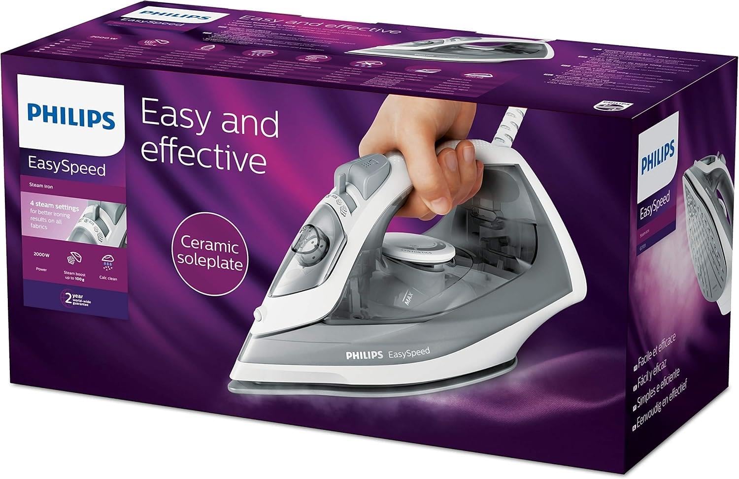 Philips EasySpeed Plancha de Vapor, 2000W de Potencia, Golpe de Vapor de 100g, Depósito de Agua de 220ml, Suela Cerámica Antirrayas, Sistema Antigoteo, Control Calc-Clean (GC1751/80)