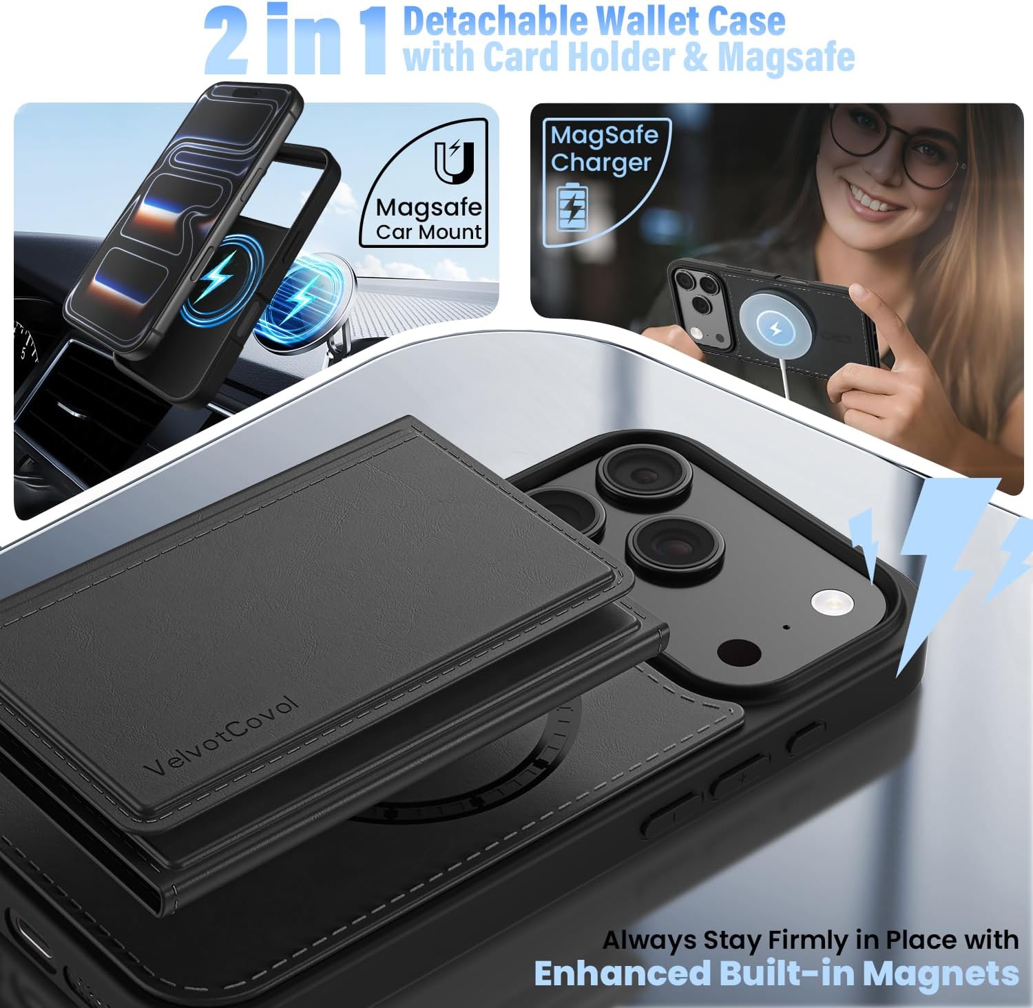 Compatible with Magsafe 2 in 1 Detachable iPhone 17 Pro Max Wallet Case with Card Holder, Women Men 4 Credit Card Slots Magnetic PU Leather RFID Blocking Flip Kickstand, for Apple 17 Pro Max, Black - Image 2