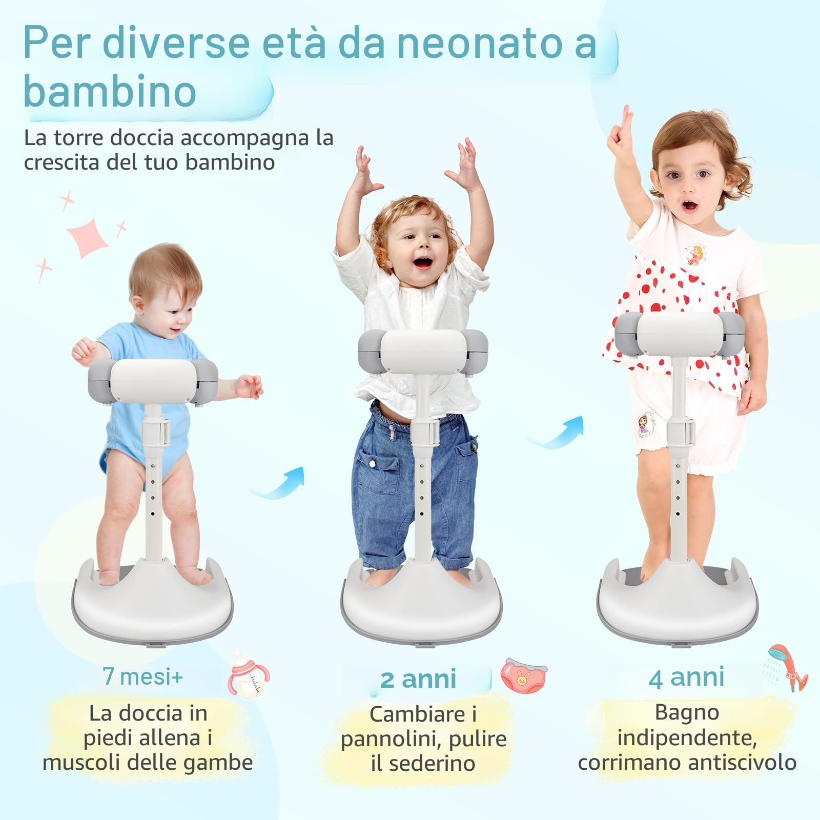 Supporto Doccia Bambini In Piedi,Altezza Regolabile,Con Base Antiscivolo,Supporto Doccia Bambini In Piedi Per 8 A 36 Mesi