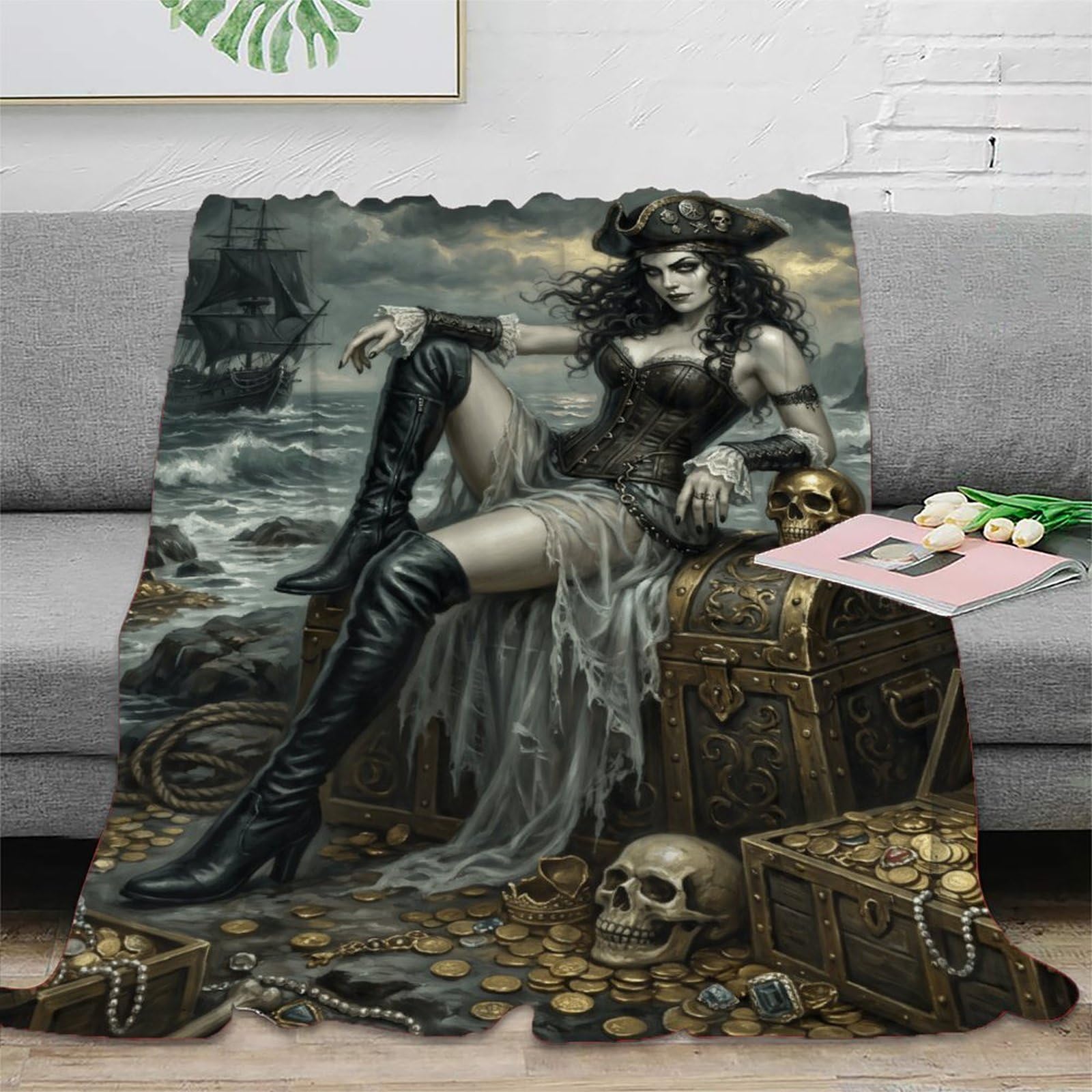 H3B8U2Y5 Pirate Queen Skull Treasure Blanket, Flannel, Gothic Fantasy Art