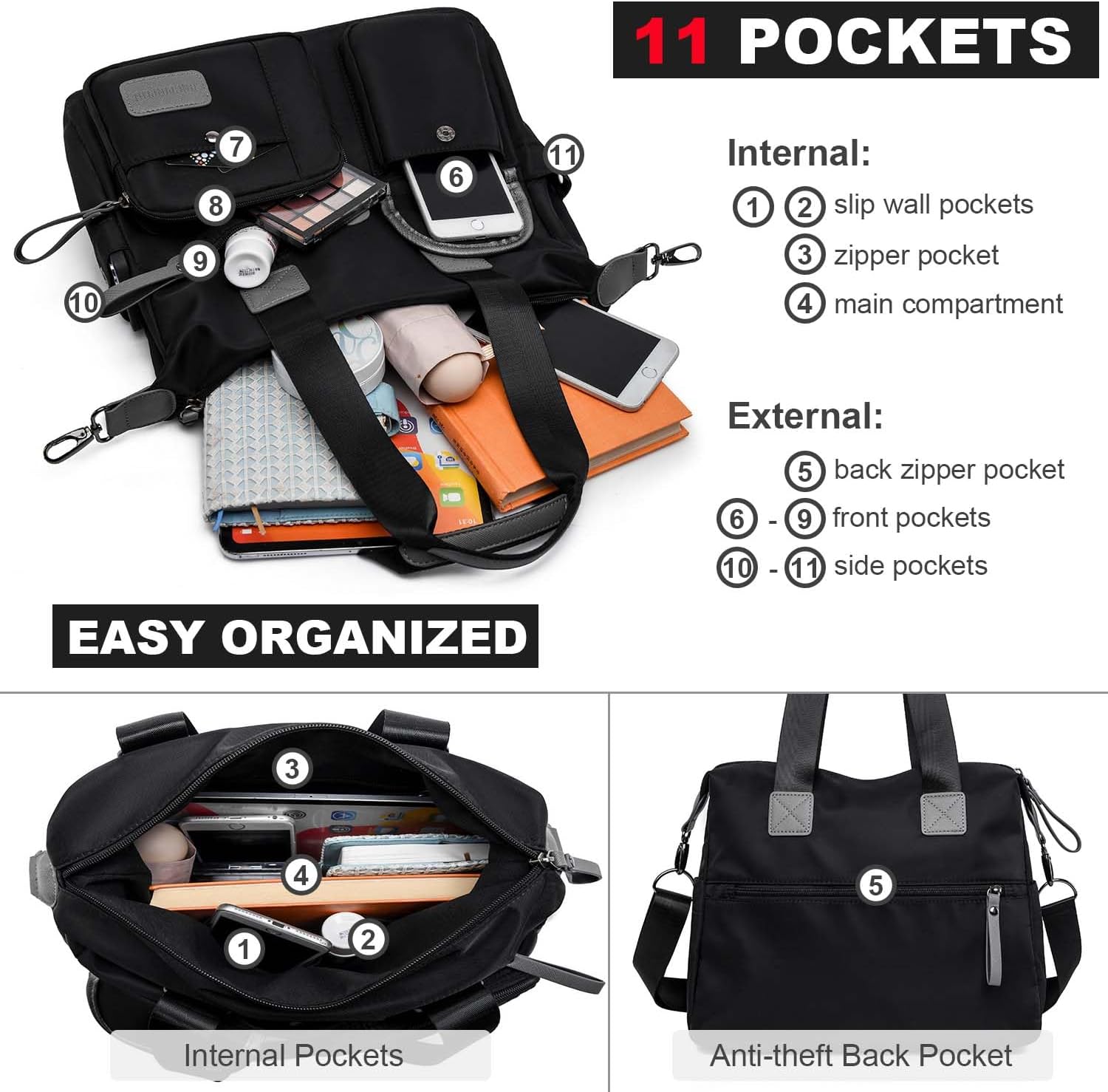 Tote Bag for Women,Multi Pockets Shoulder Handbag,Nurse Bag for Work,Large Cross body Purse,Fashion Nylon Top Handle Satchel - Image 6