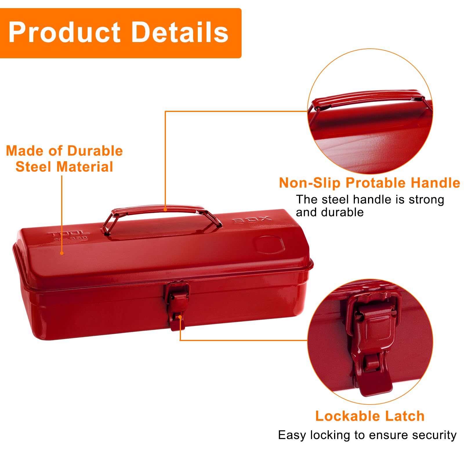 QUARKZMAN Caja De Herramientas Portátil De Acero De 14.2" Estilo Techo A Dos Aguas Con Cierre De Pestillo Metálico Para Taller Doméstico Y Automóvil, Roja