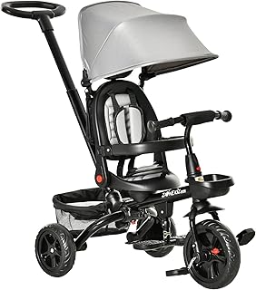 Qaba Kids Tricycle, 4 in 1 Foldable Trike with Reversible Seat, Adjustable Parent Handle, Safety Harness, Wheel Brakes, Removable Canopy, Storage, Tricycle for Toddlers 1-5 Years, Gray