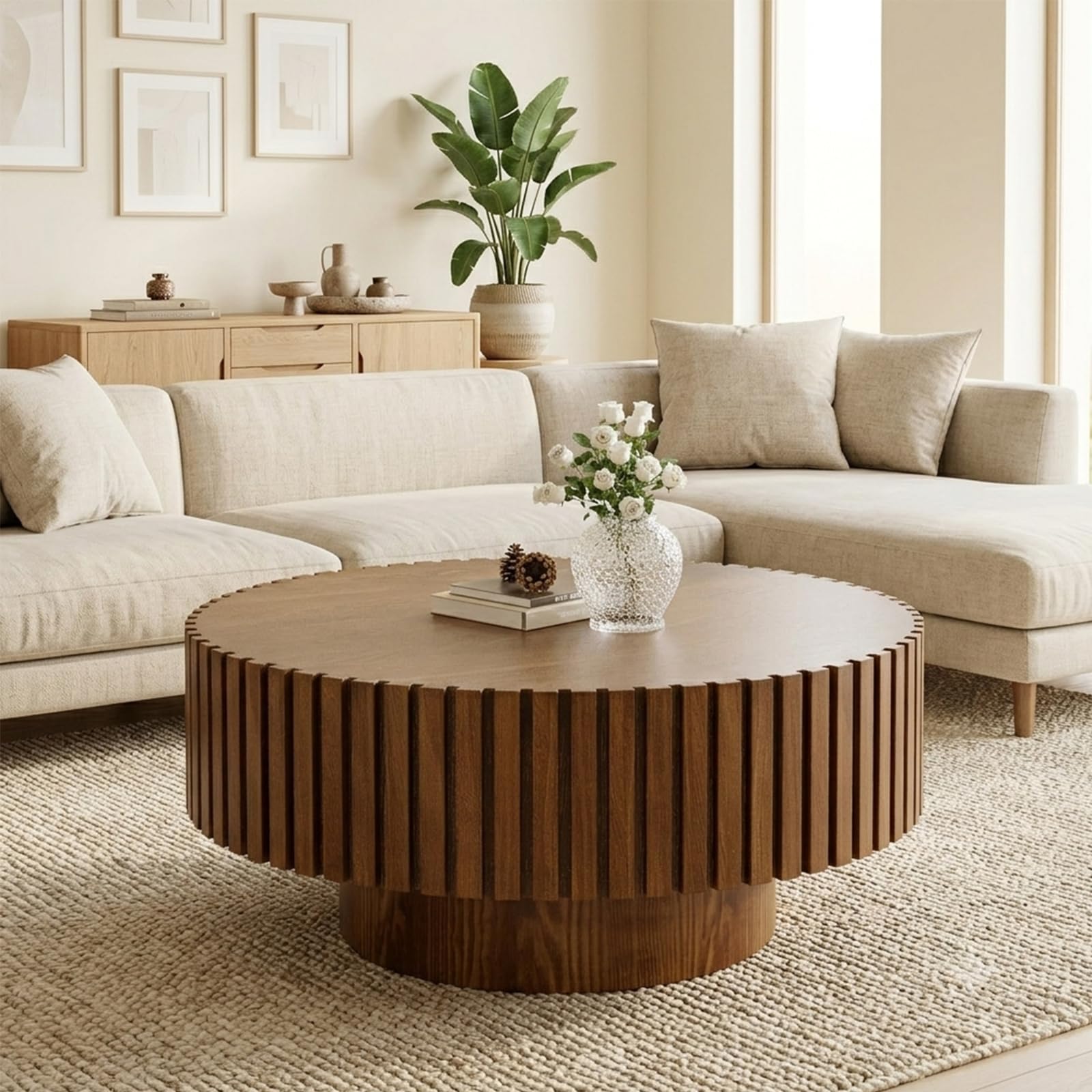TYONGCOFF Fluted Round Coffee Table, Modern Wood Drum Coffee Table