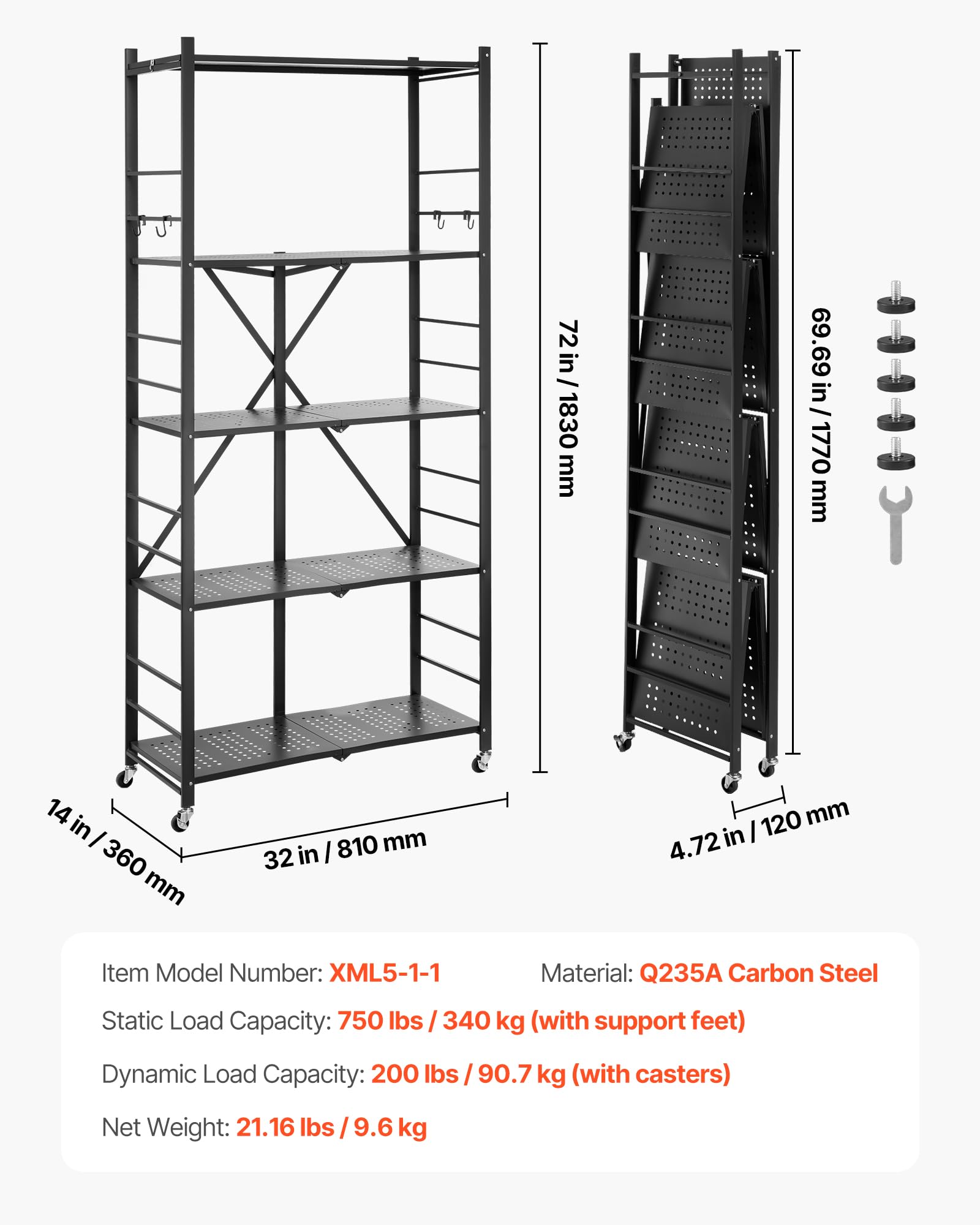 VEVOR Scaffale Portaoggetti Pieghevole a 5 Ripiani con Ruote, 360 x 810 x 1830 mm, Scaffale in Metallo Pieghevole, Robusto Resistente Senza Montaggio, per Garage, Cucina, Cantina Nero