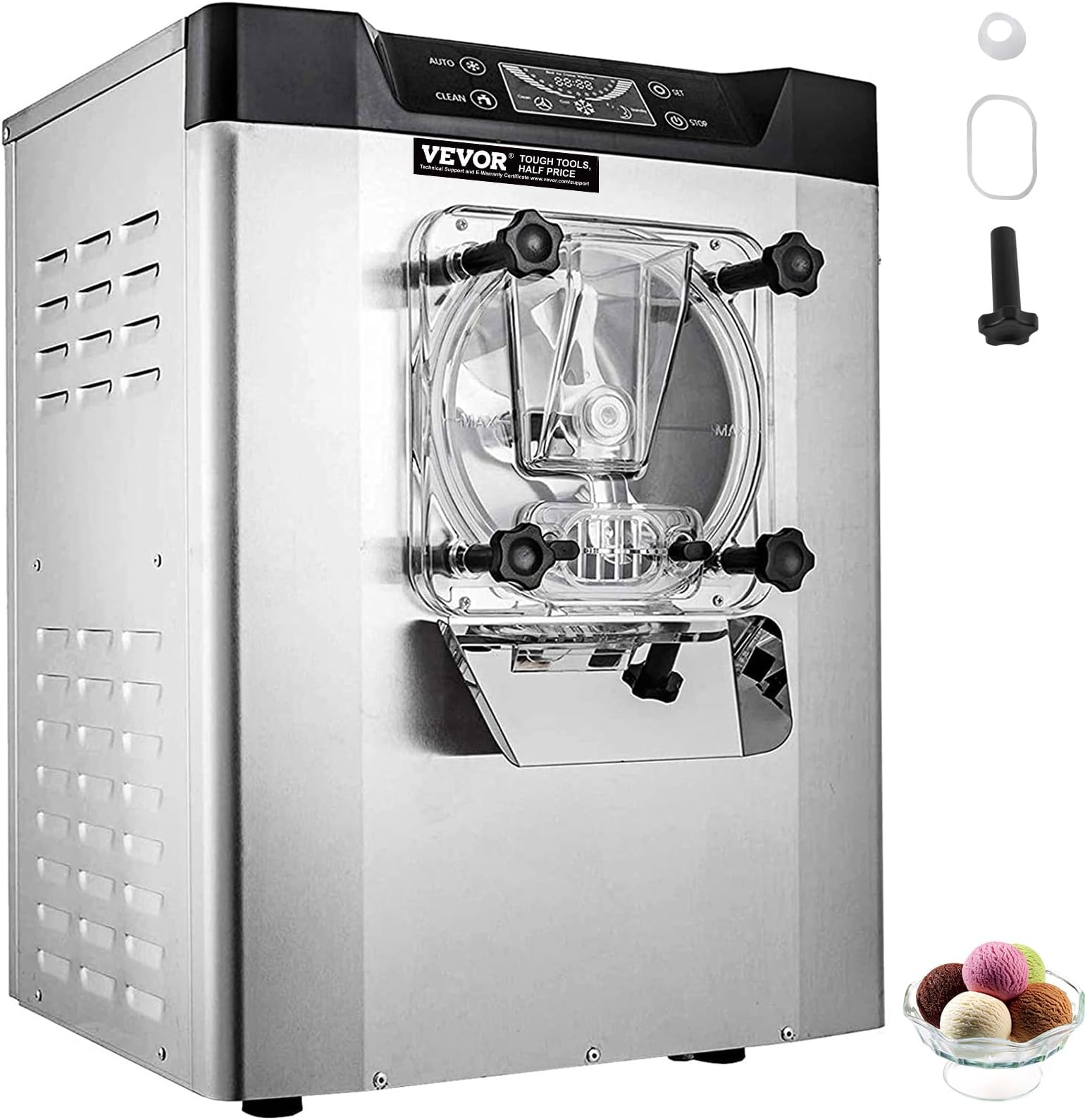 VEVOR Commercial Ice Cream Machine 1400W 20/5.3 GPH Hard Serve Ice Cream Maker with LED Display Screen Auto Shut-Off Timer One Flavors Perfect for Restaurants Snack barSupermarkets, Silver