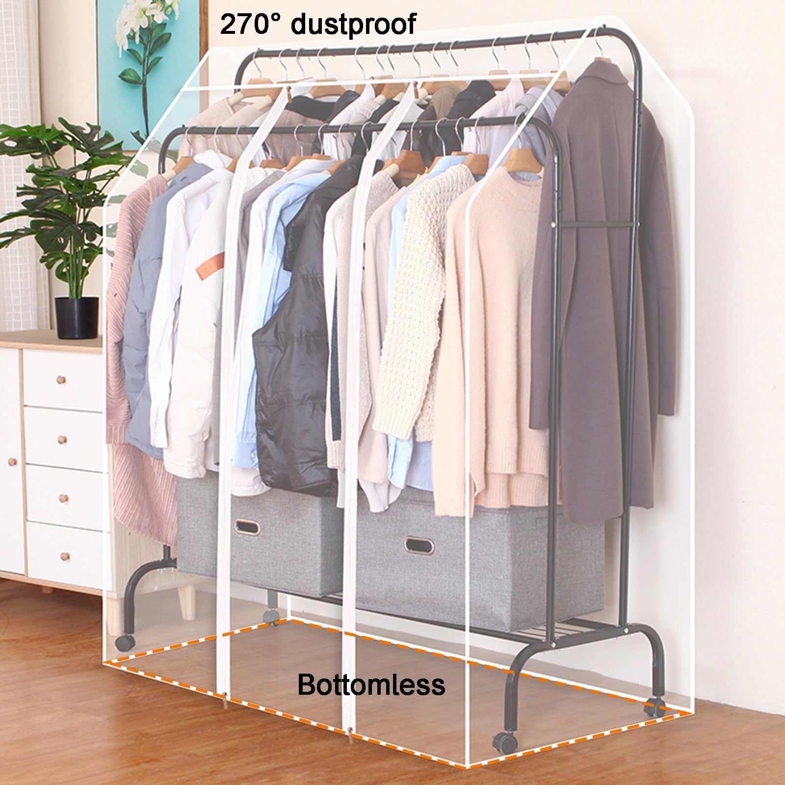 Copriabiti per Appendere i Vestiti, Porta Abiti con Cerniera, Copri Abiti per Stendibiancheria da Pavimento, Adatti Solo per Grucce Alte e Basse a Doppio Palo(160 * 75 * 150cm/63 * 30 * 59in)